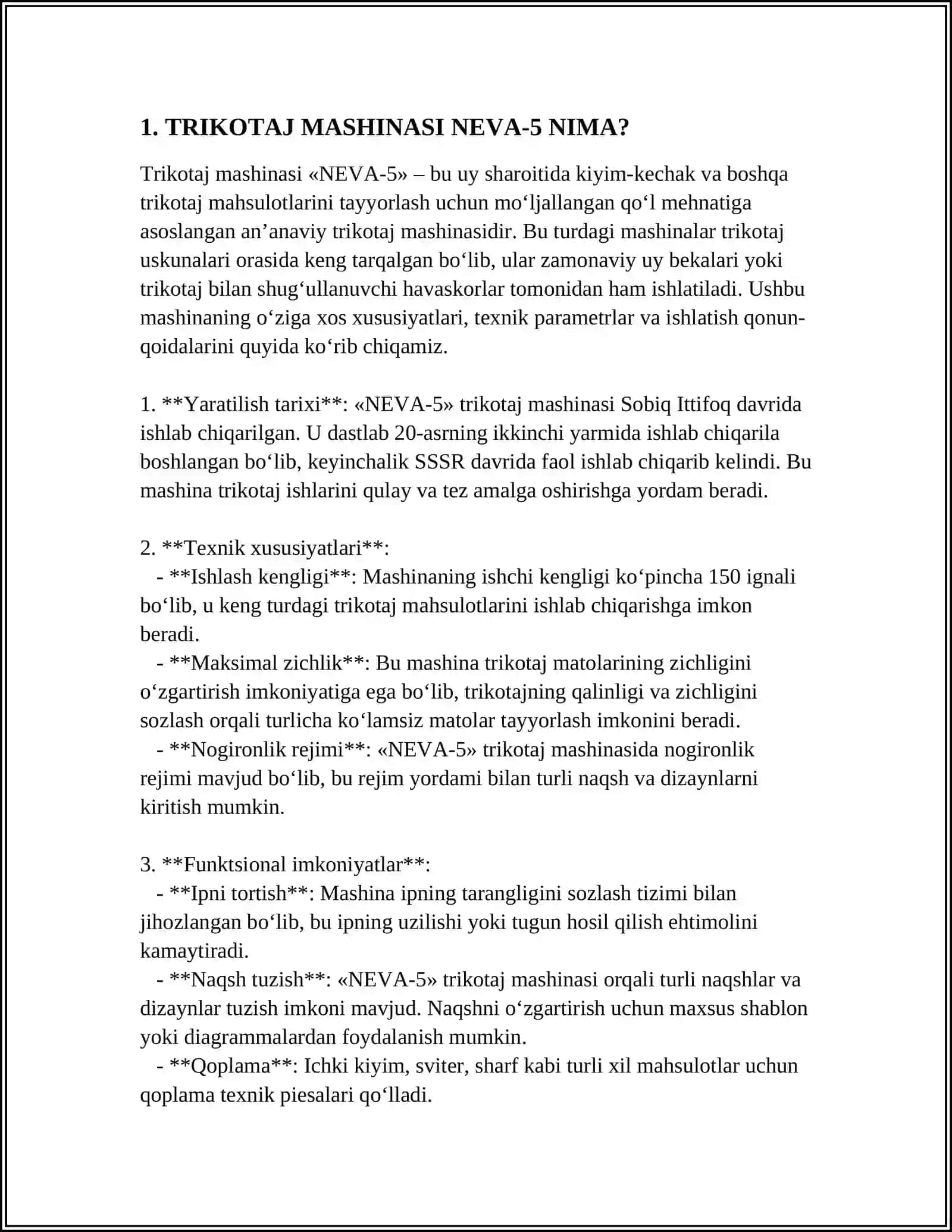 TRIKOTAJ MASHINASI NEVA-5 TEXNIK XUSUSIYATLARI 3