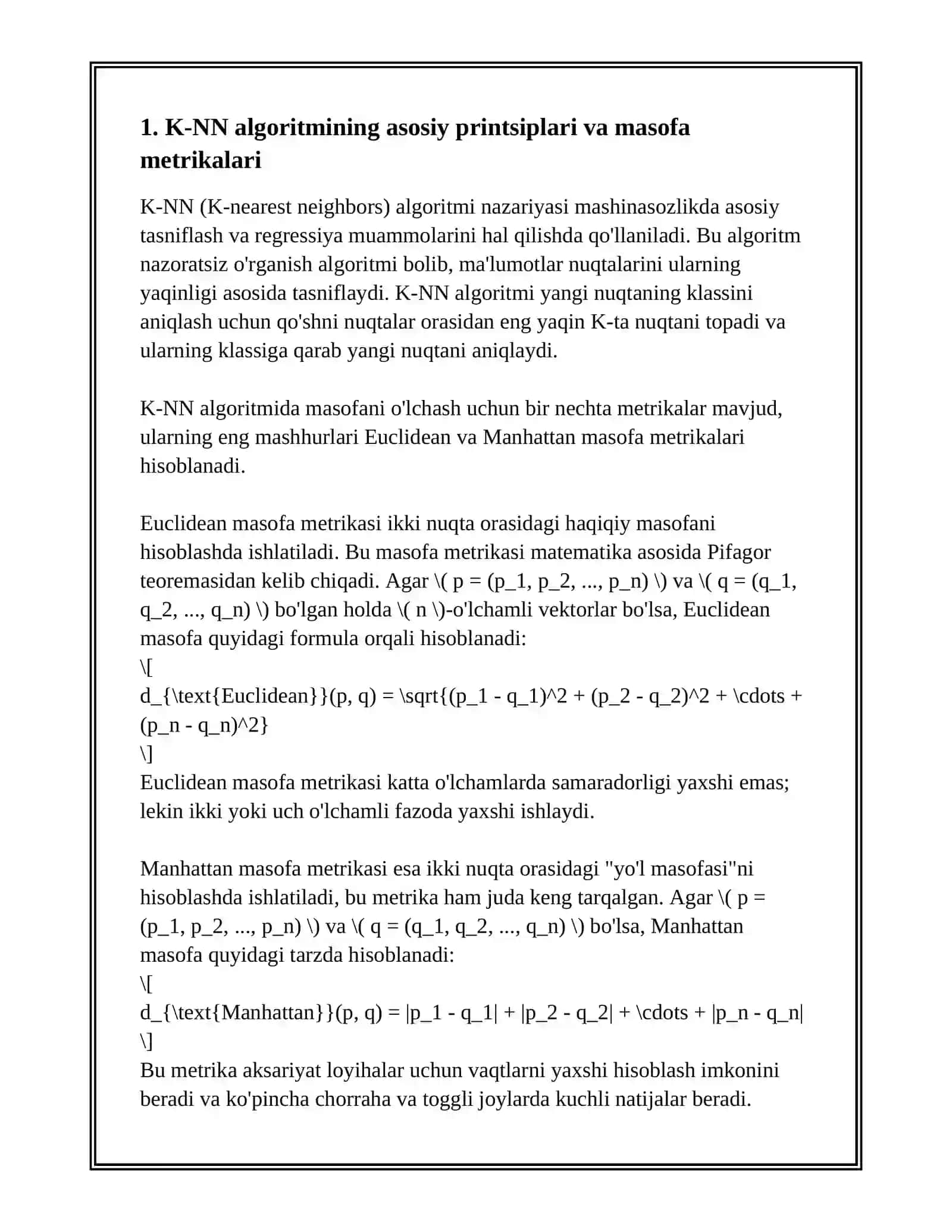 K-NN ALGORITMINING MASOFA METRIKALARI (EUCLIDEAN, MANHATTAN) 3