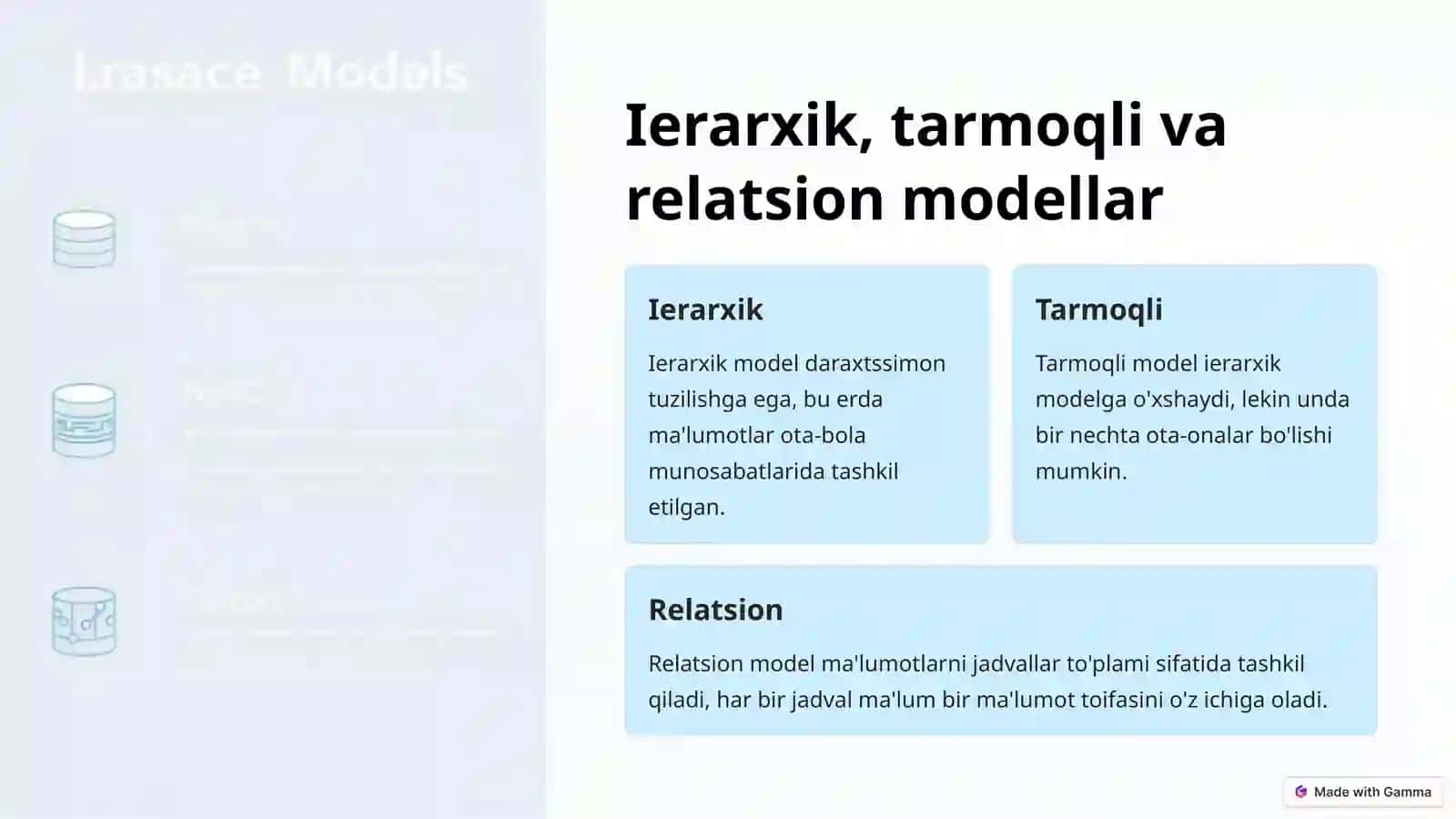 Ma'lumotlar bazasi modellari va mohiyat-aloqa modeli 3