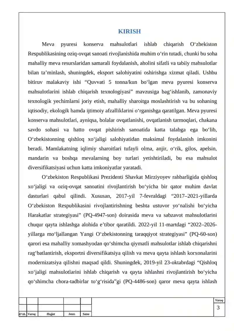 Quvvati 5 t/k bo‘lgan meva pyuresi konserva mahsulotlarini ishlab chiqarish texnologiyasi » mаvzusidagi  ilmiy bitiruv malaka ishi uchun 3