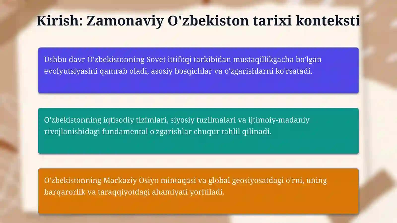 Ozbekiston tarixi, iqtisodiyoti, siyosati va boshqalar 1950-2025 3