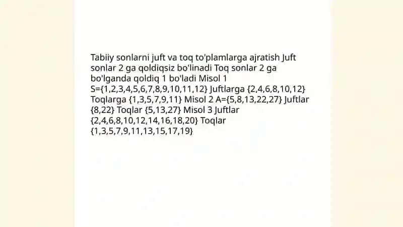 Tabiiy sonlarni juft va toq to'plamlarga ajratish 3