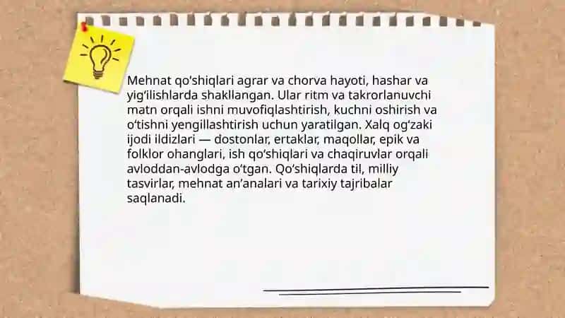 Mehnat qoʻshiqlarining yaratilishi, tarixi va badiati 3