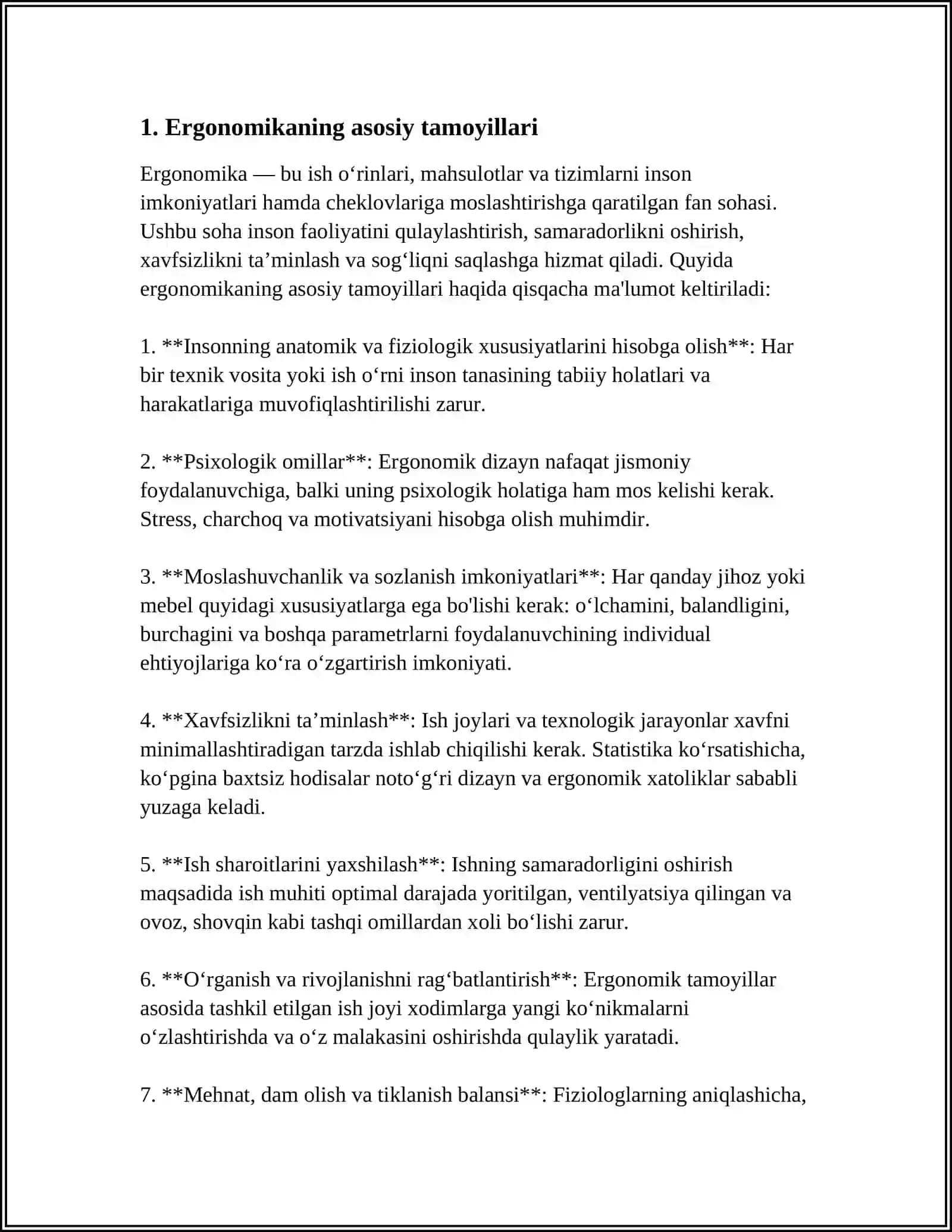 ERGONOMIKA ASOSLARI.XAVFSIZLIKNI BOSHQARISH 3