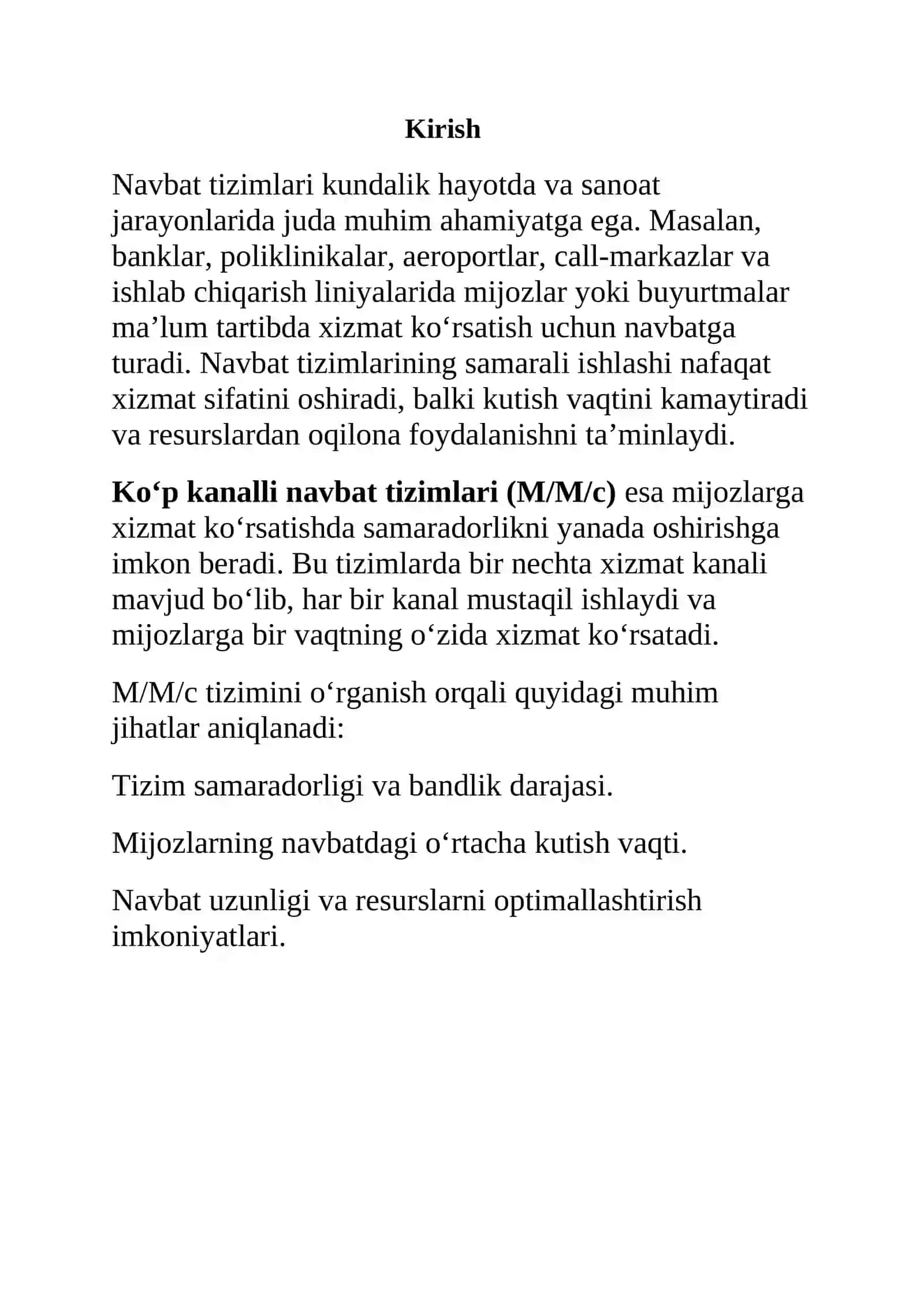 Ko‘p kanalli navbat tizimlari (M/M/c) va qo‘llanilish sohalari 3