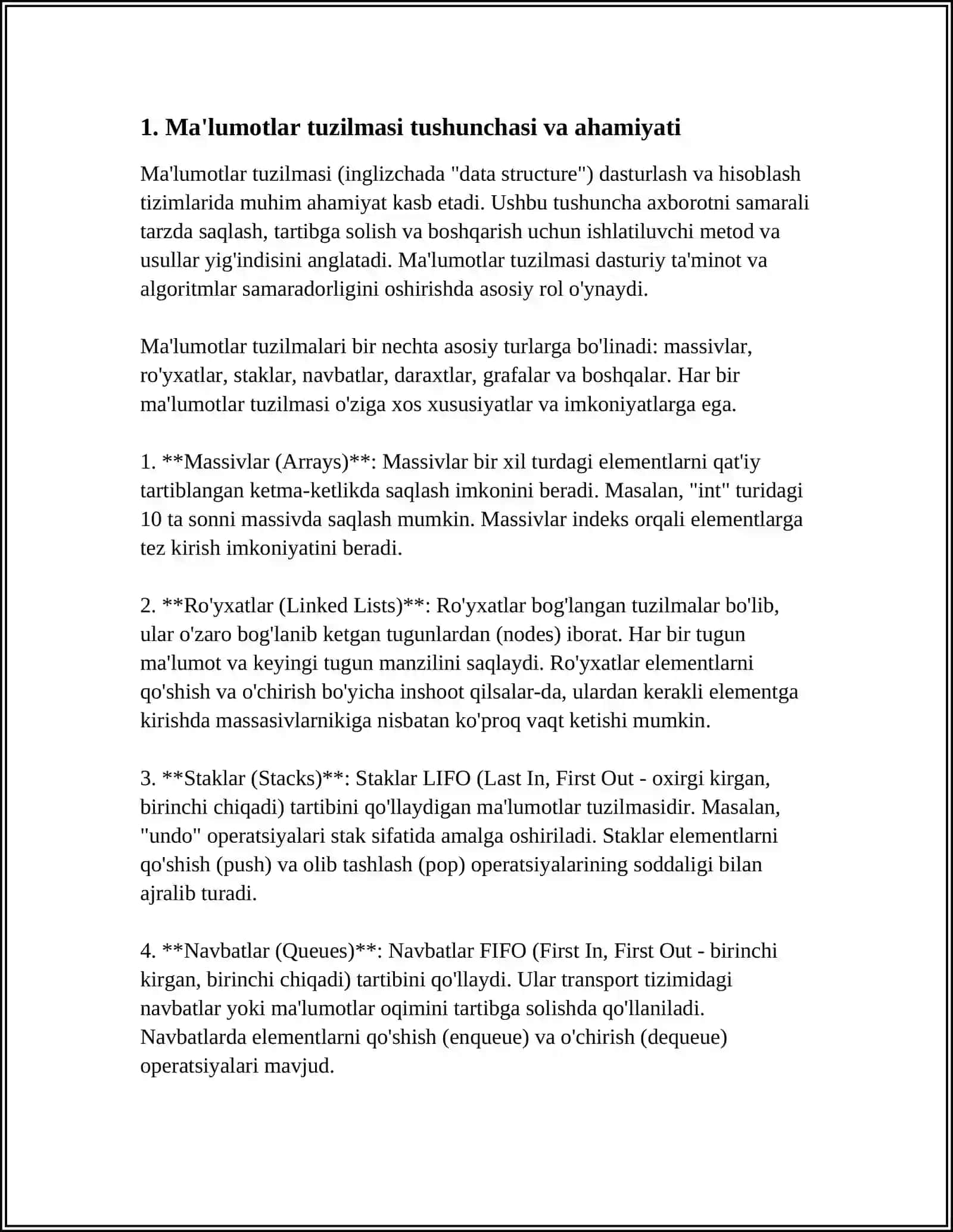 MUSTAQIL ISH Mavzu: YARIMSTATIK MA'LUMOTLAR STRUKTURASI 3