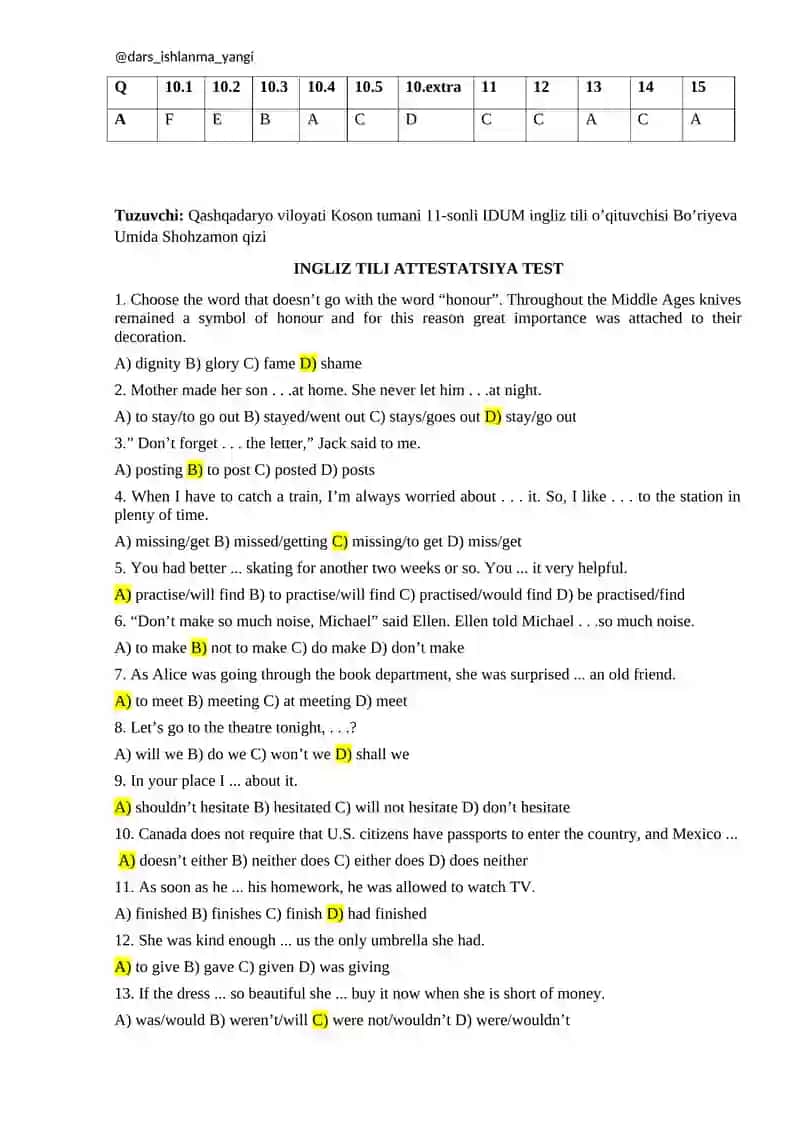 Ingliz tili fanidan test savollari 3