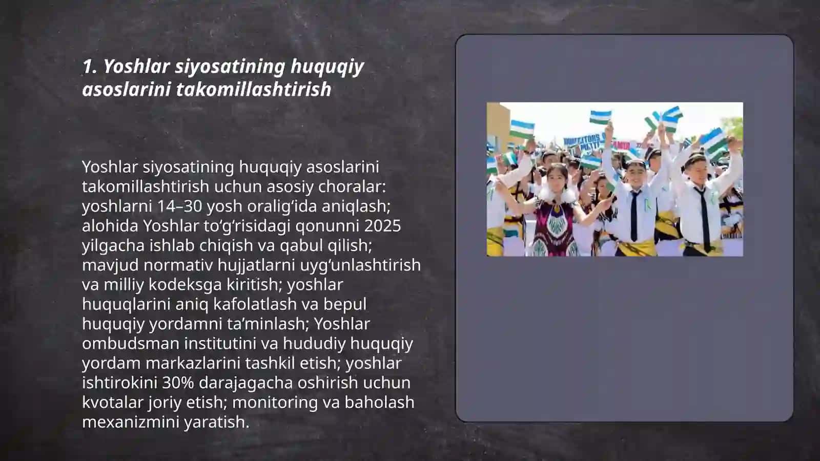 Yoshlarga oid davlat siyosatining izchil va samarali tashkil etish 3
