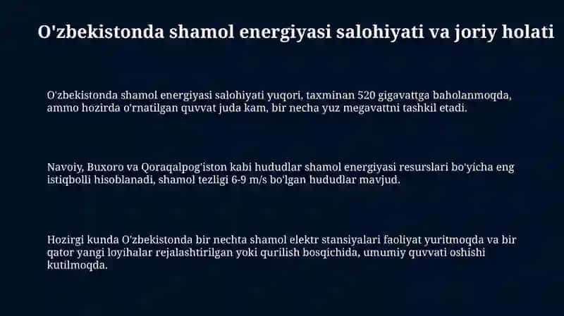 Shamolenergetikasining O'zbekistonenergotizimidagi ahamiyati 3