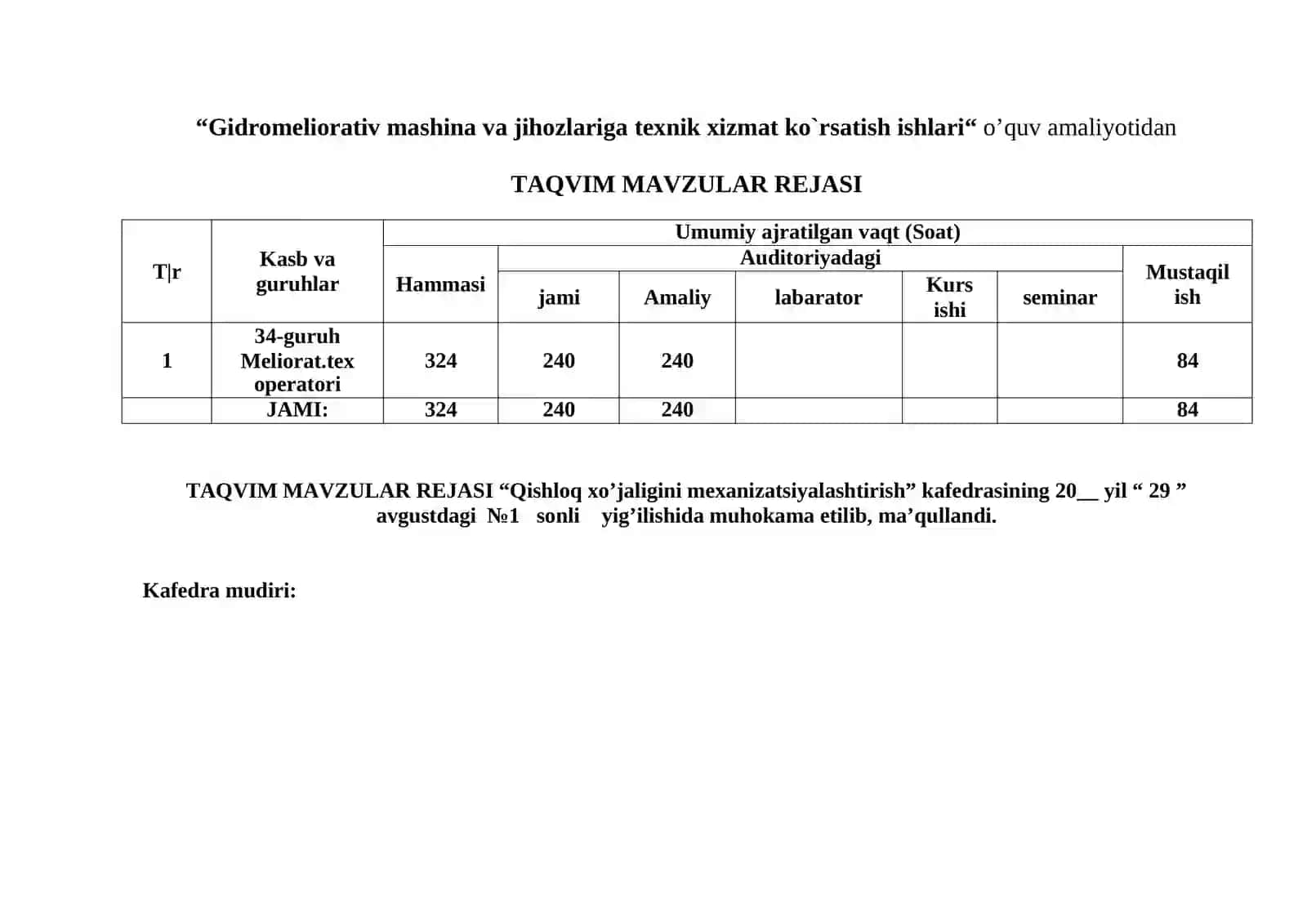 GIDROMELIORATIV MASHINA VA JIHOZLARIGA TEXNIK XIZMAT KO‘RSATISH ISHLARI O‘QUV AMALIYOTI fanidan O‘QITISH MATERIALLARI TO‘PLAMI 3