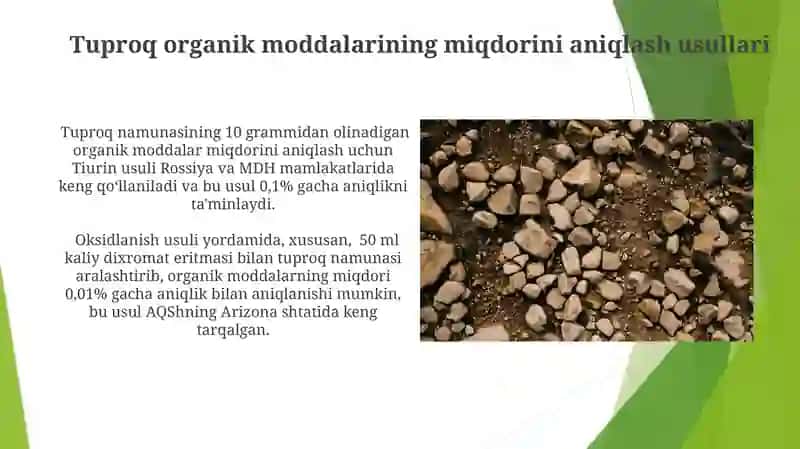 Tuproqlarning mineralogik va kimyoviy tarkibi, tuproqdagi organik moddalar 3
