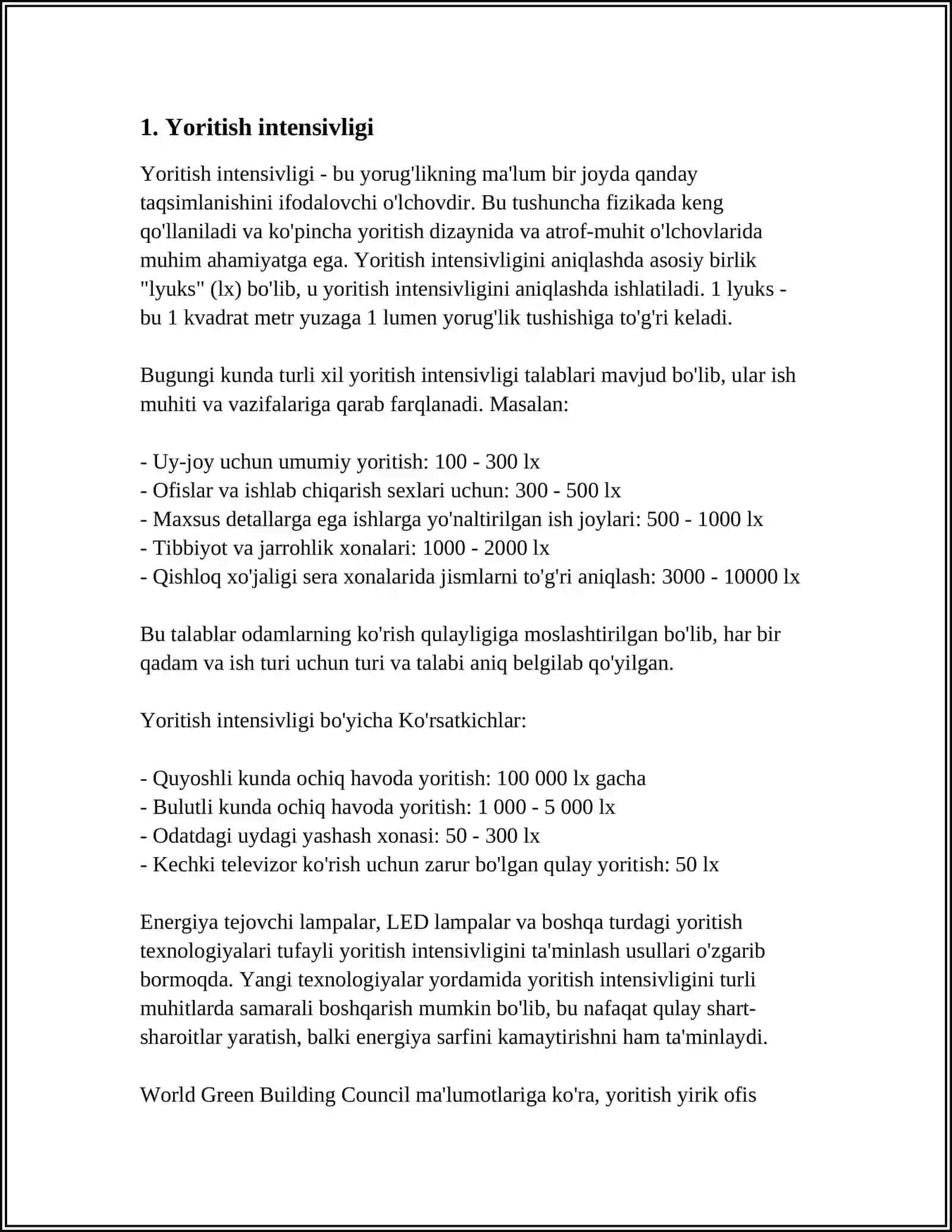 YORUGʻLIKGA QO'YILADIGAN TALABLAR 3