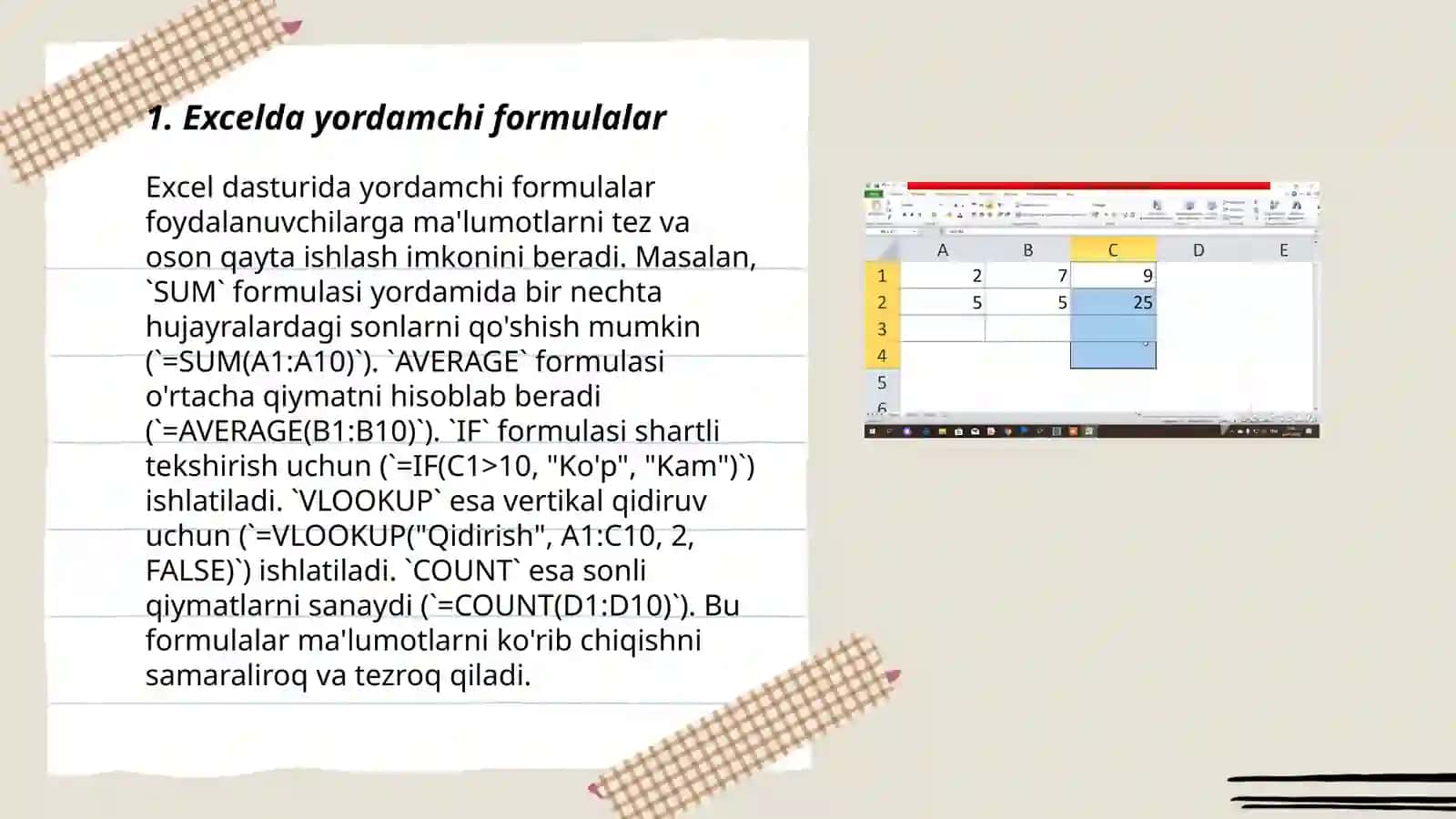 Excelda yordamchi formulalar 3