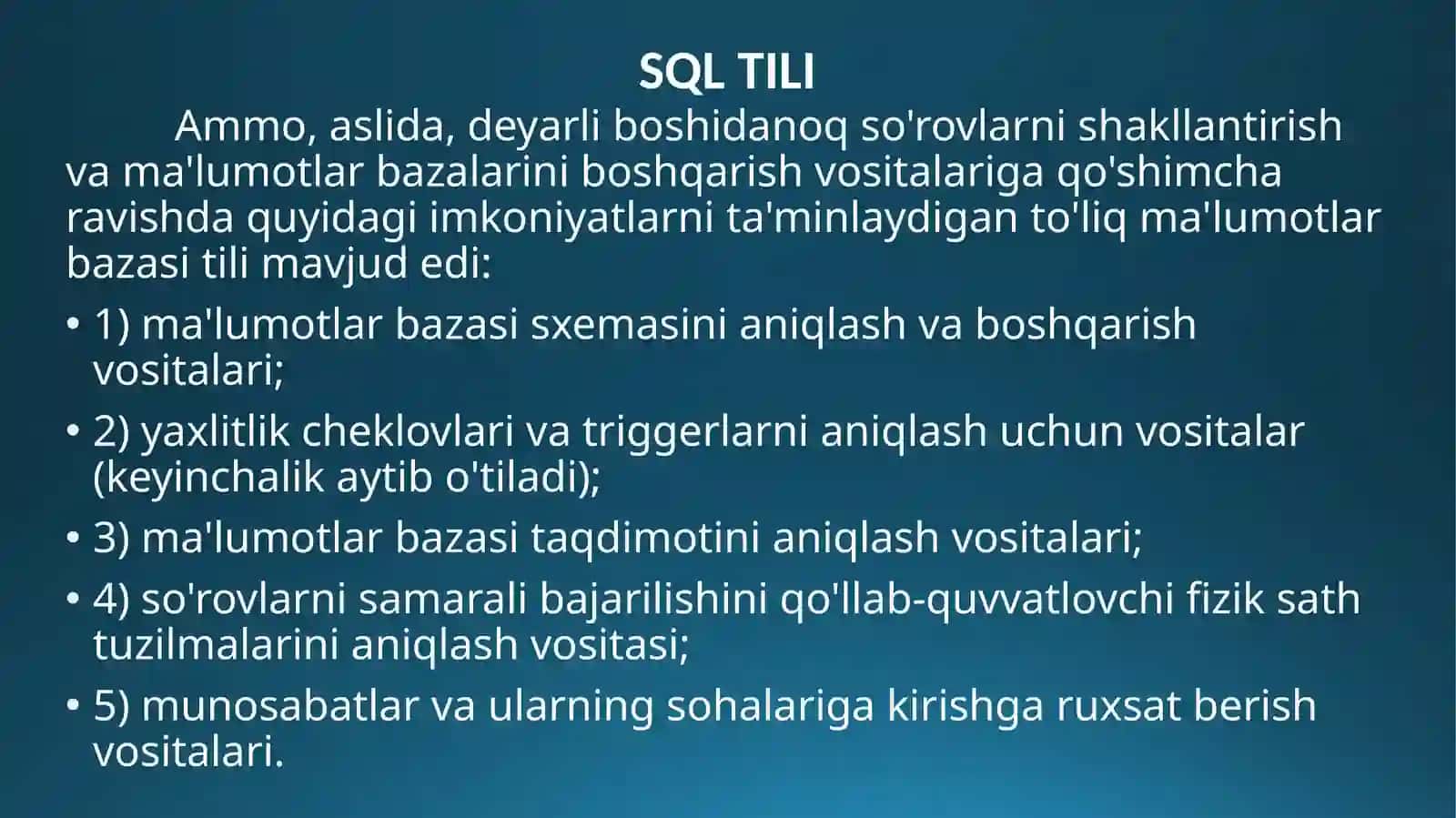 SQL TILI OPERATORLARI.MA’LUMOTLARNIMANIPULYATSIYA QILISH 3