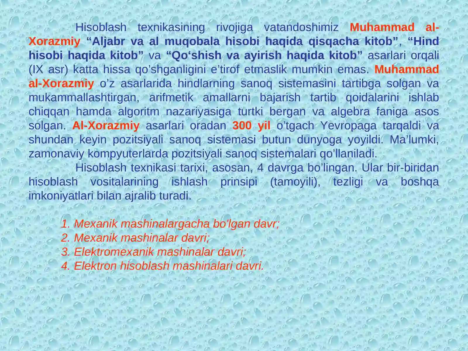 Hisoblash texnikasining rivojlanish tarixi Informatika-8 1-dars 3