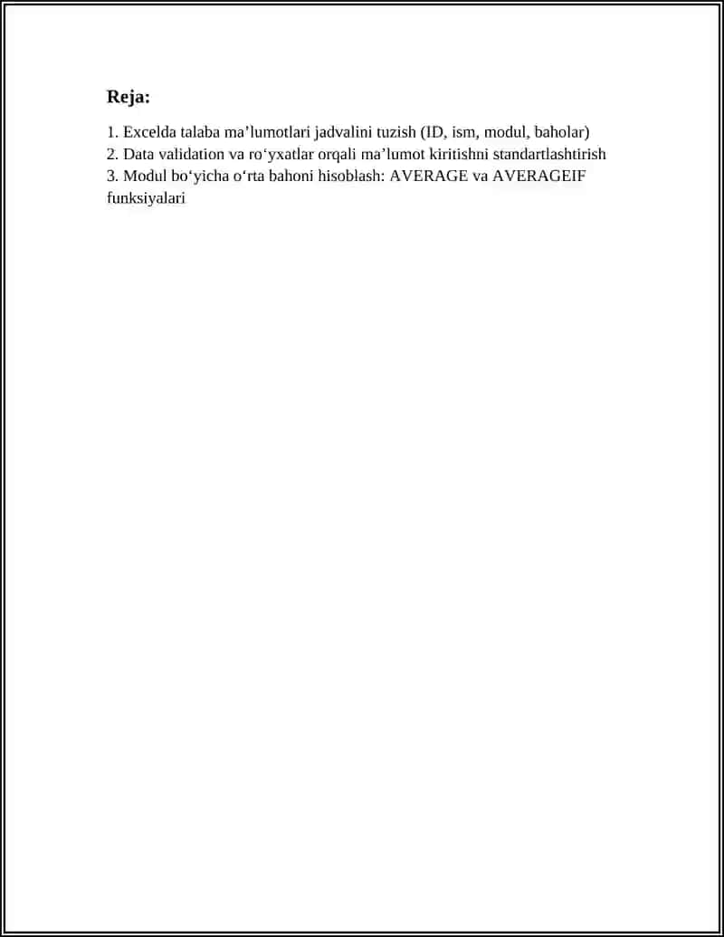 EXCEL DASTURIDA TURLI HISOBOTLAR TAYYORLASH 3
