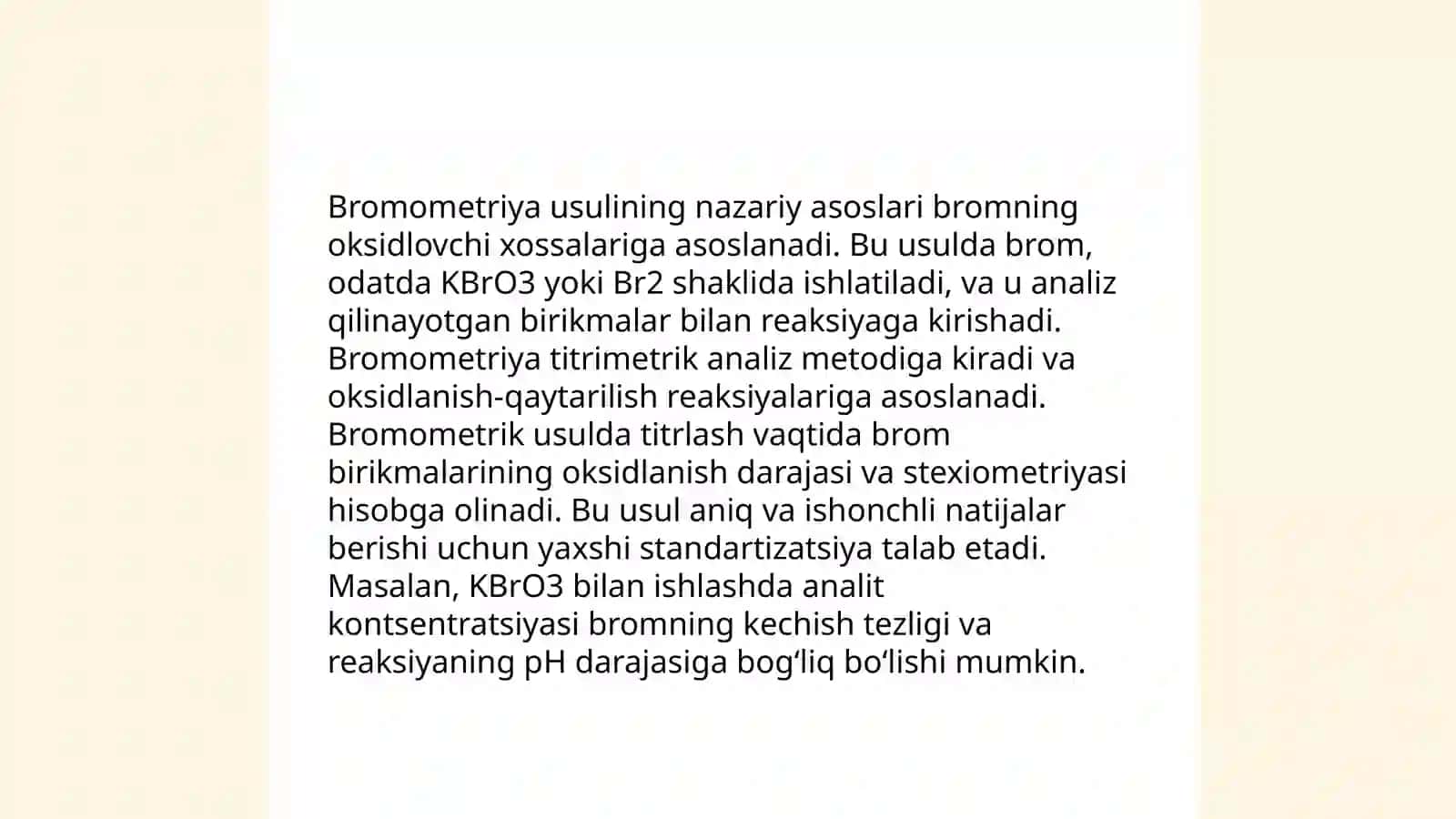 Bromometriya usulida kbro3 eritmasini tayyorlash 3