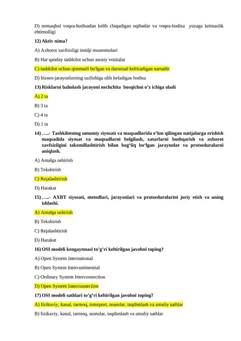 Tarmoq Xavfsizligi testlar javoblari bilan 3
