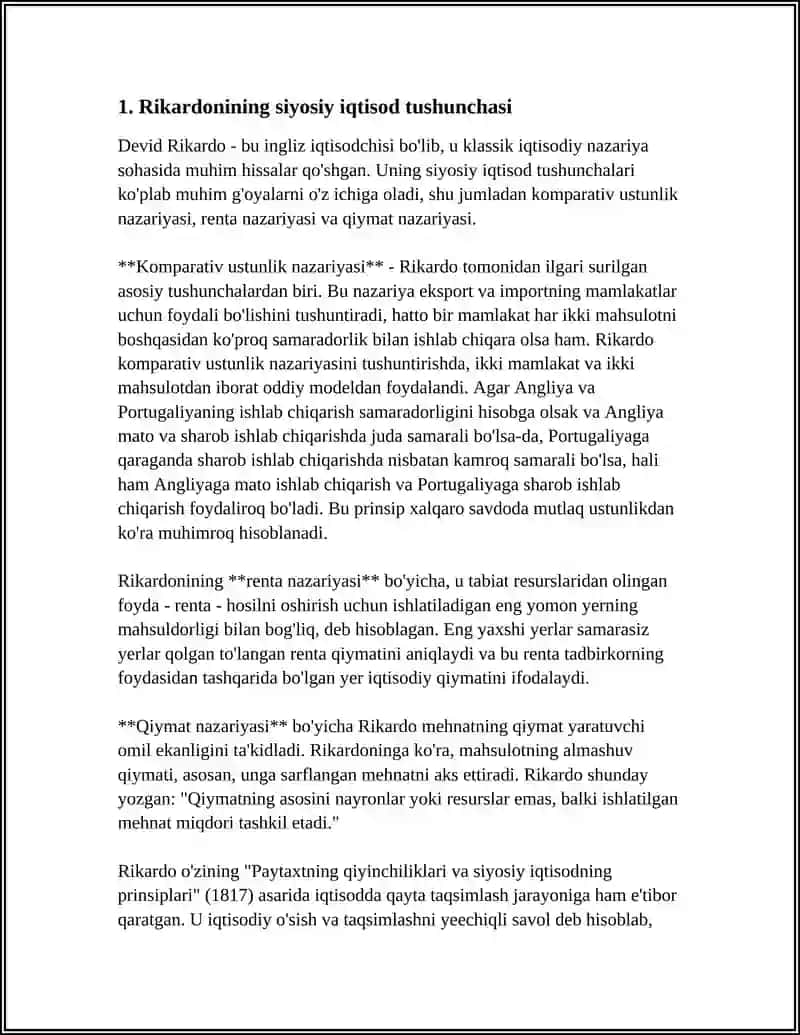 RIKARDONING”SIYOSIY IQTISOD VA SOLIQQA TORTISH”ASARI IQTISODIYOTNI YANA RIVOJLANISHI UCHUN AHAMIYATI 3