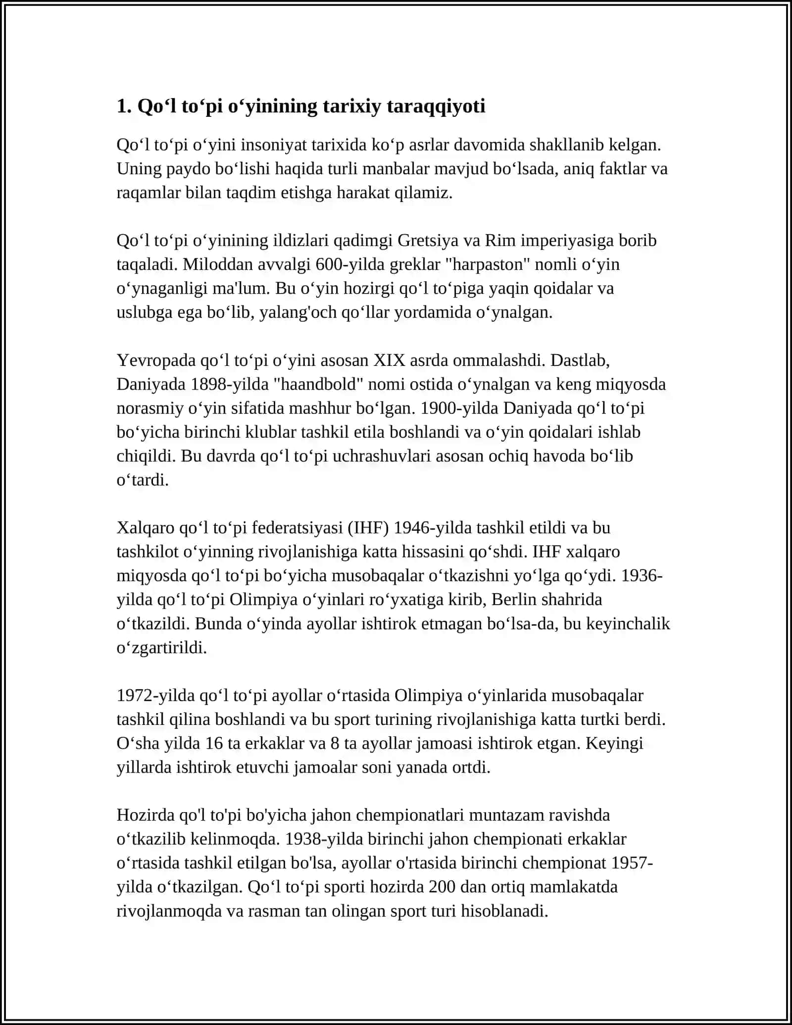 QO'L TO PINING RIVOJLANISH TARIXI, TEXNIKASI, TAKTIKASI VA QOIDALARI 3