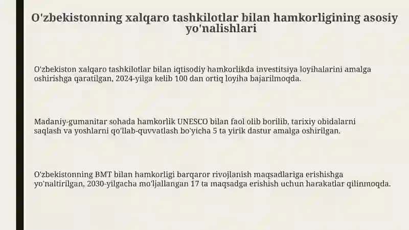 Ózbekistonning xalqaro tashkilotlar bilan hamkorlik aloqalari 3