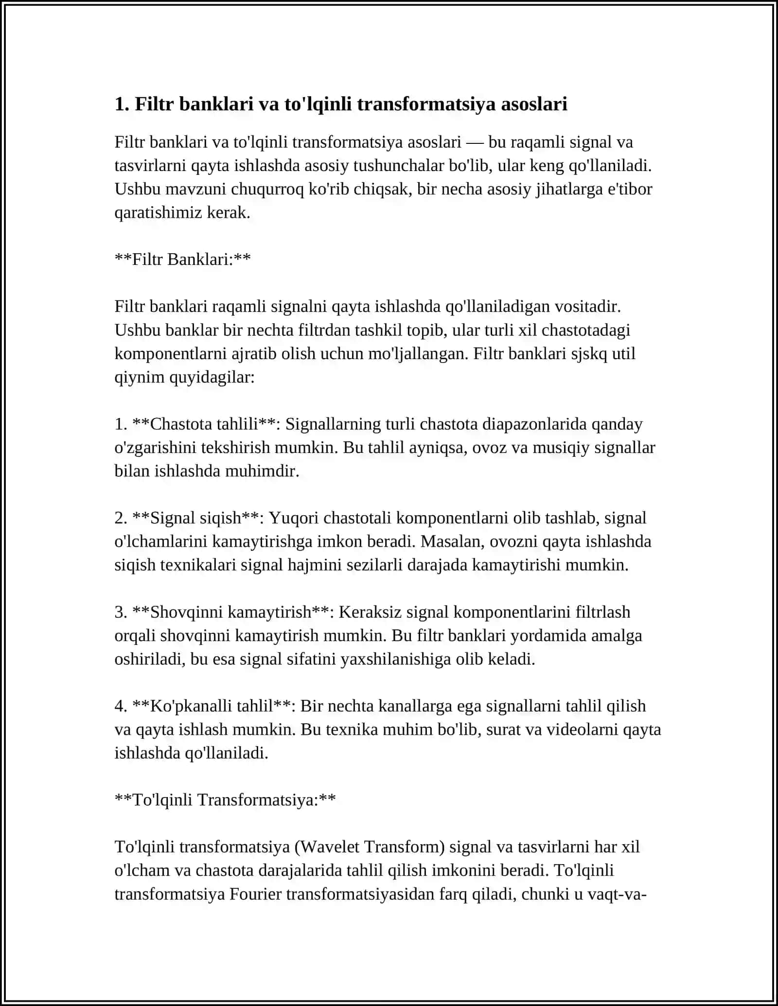 FILTR BANKLARI VA TO'LQINLI (WAVELET) TRANSFORMATSIYA 3