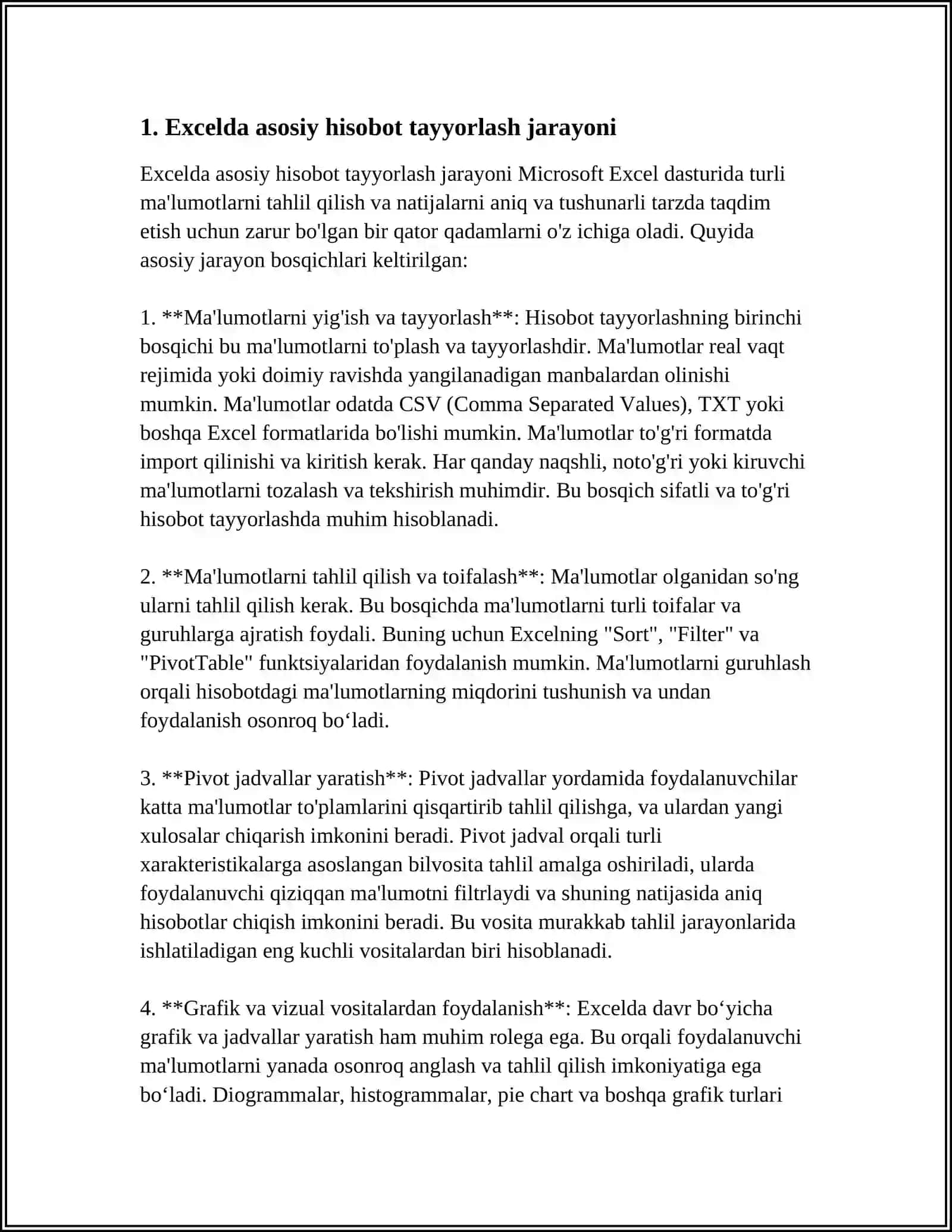 EXCEL DASTURIDA TURLI HISOBOTLAR TAYORLASH 3