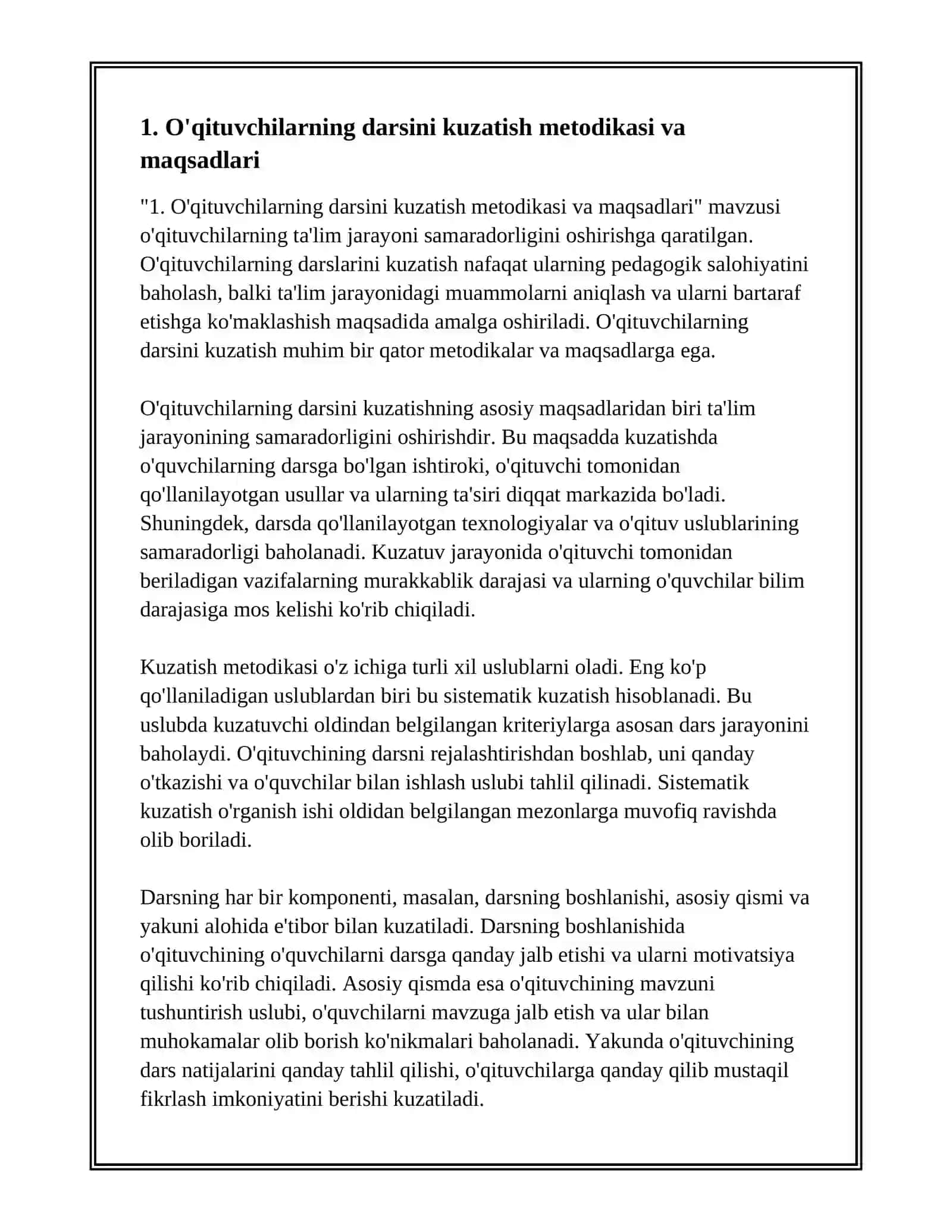 FAKULTET ( O'RTA MAKTAB, AKADEMIK LITSEY, KASB-HUNAR KOLLEJI) O'QITUVCHILARNING DARSLARINI KUZATISH VA DARS FRAGMENTINI YARATISH 3