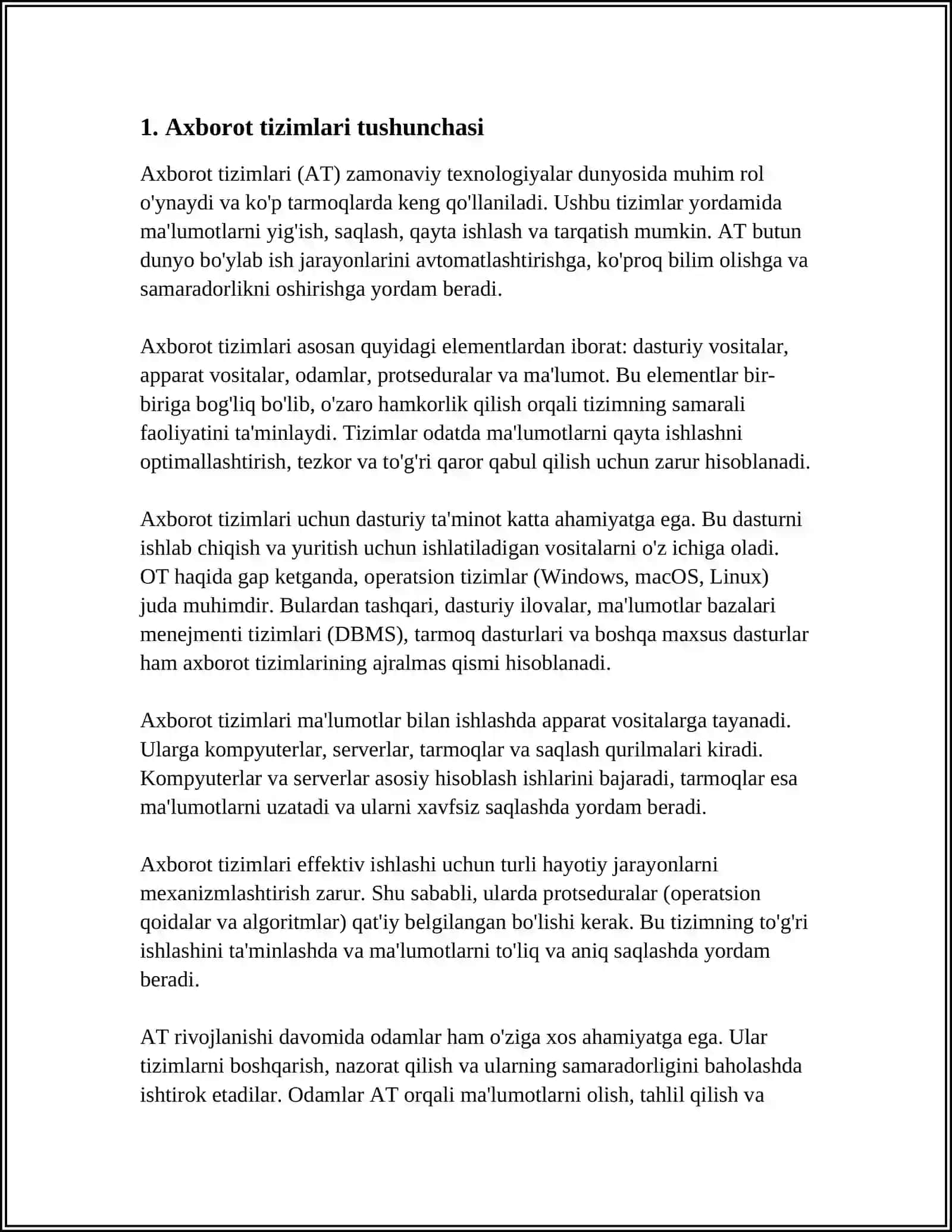 AXBOROT TIZIMI TUSHUNCHASI VA UNING TARKIBIY QISIMLARI 3