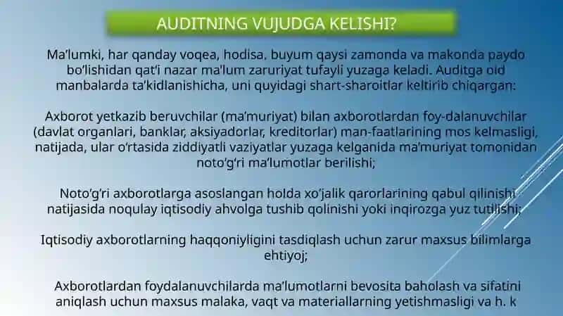 Auditning Vujudga Kelishi 3
