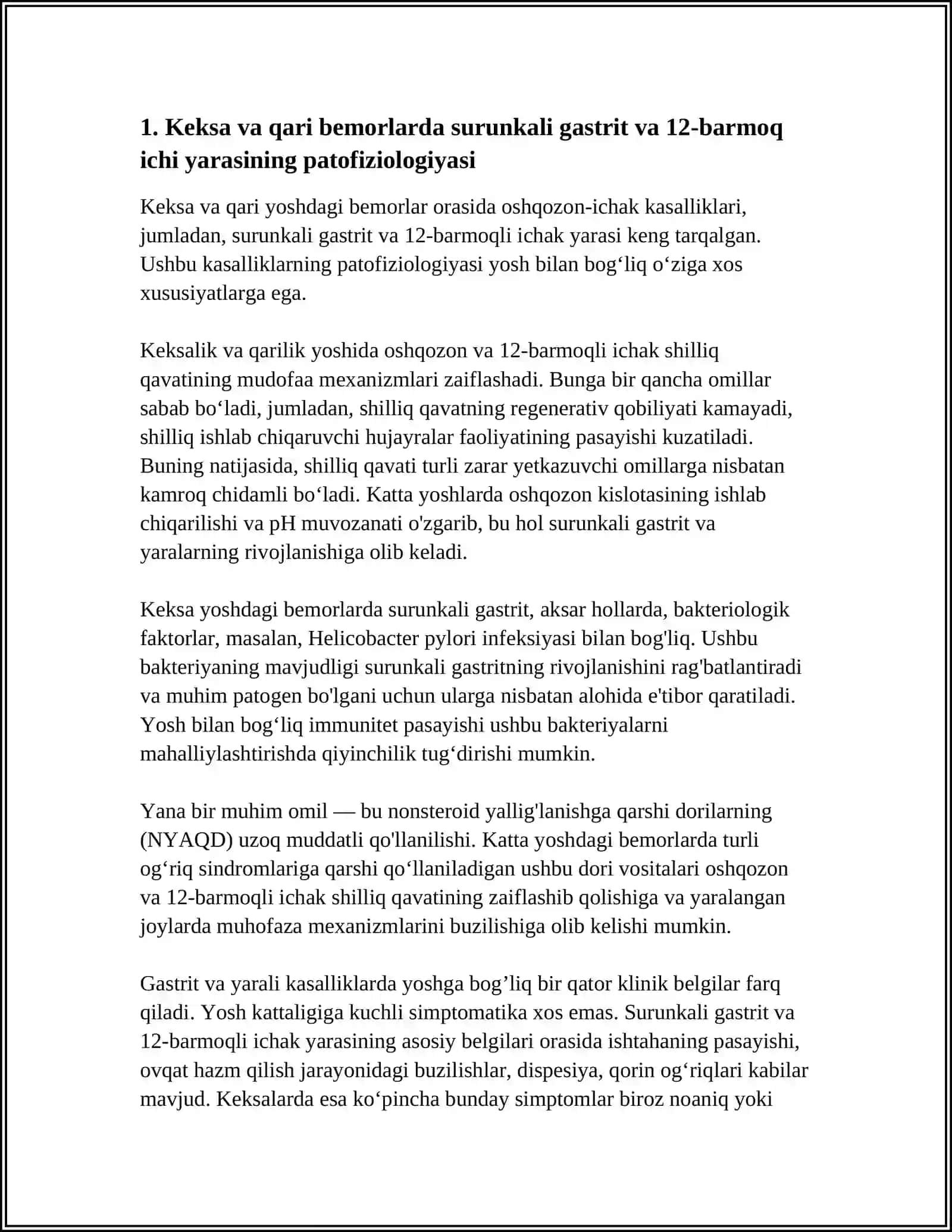 Keksa VA QARI YOSHDAGI BEMORLARDA SURUNKALI GASTIRIT OSHQOZON VA 12 BARMOQLI ICHAK YARA KASALLIKLARINING O'ZIGA XOS KECHISHI VA GERIARTIRIK BEMORLARNI PARVARISHLASHDA HAMSHIRALIK JARAYONI 3