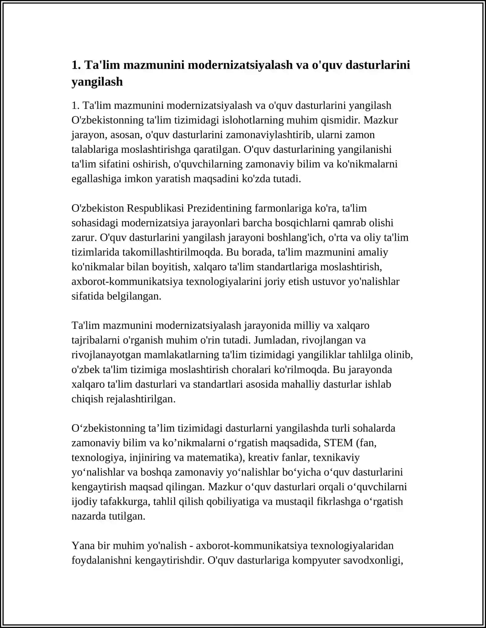 O'ZBEKISTON TA'LIM TIZIMIDAGI ISLOHOTLAR REFERAT 3