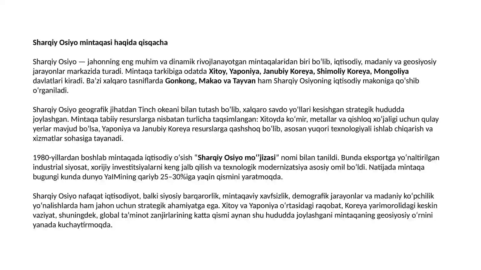 SHARQIY OSIYO MINTAQASI. Jahoniqtisodiyoti 3
