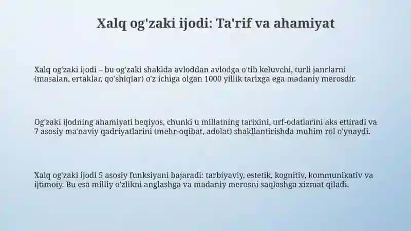 Xalq og'zaki ijodi: Ta'rif va ahamiyat 3