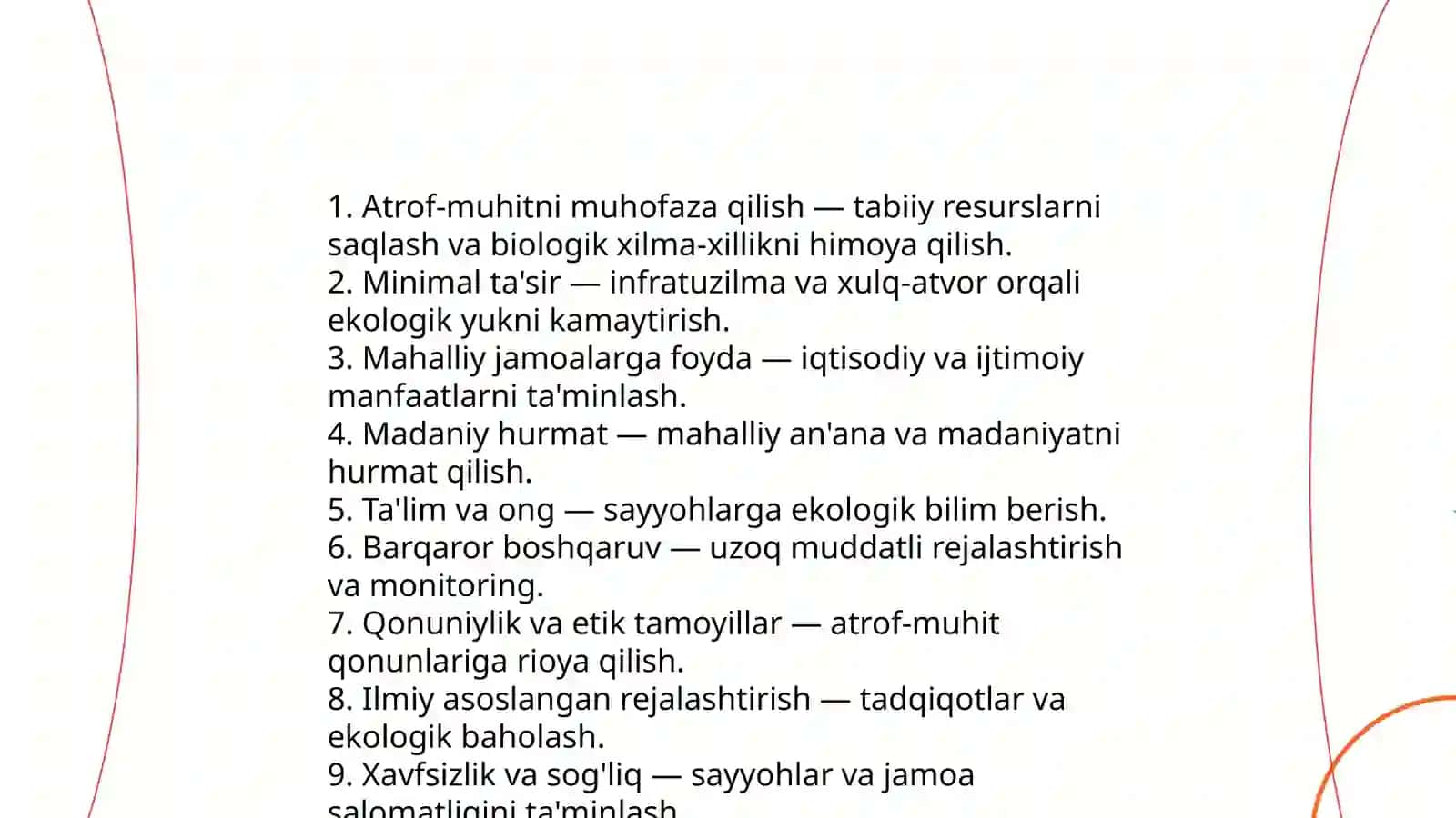 Ekoturizmning yoʻnaltiruvchi qoidalari 3