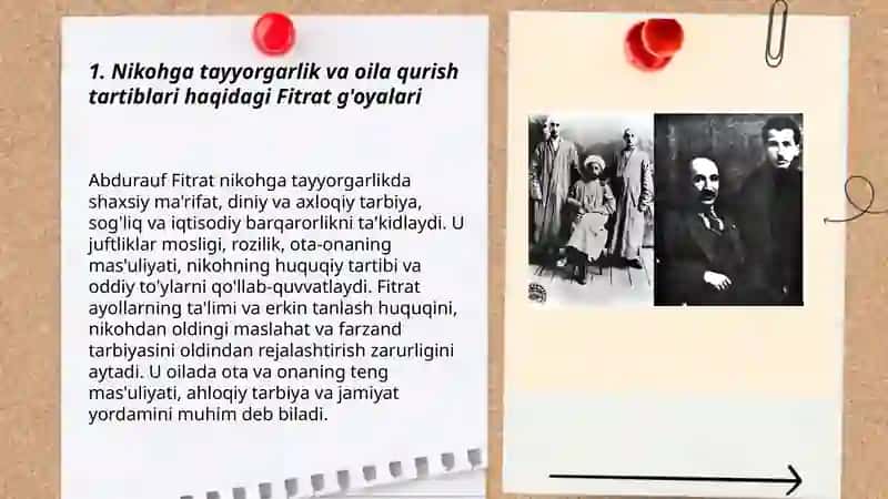 Abdurauf Fitratning "Oila asari"dagi oila qurish tartiblari va farzand tarbiyasiga oid g'oyalari haqida 3