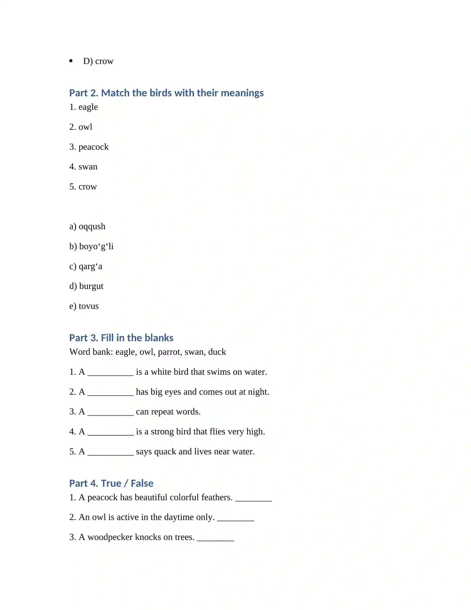 WILD BIRDS QUIZ TEST 3