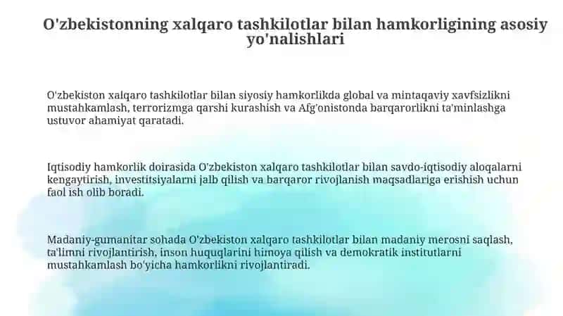 O'zbekistonning xalqaro tashkilotlar bilan hamkorligi 3