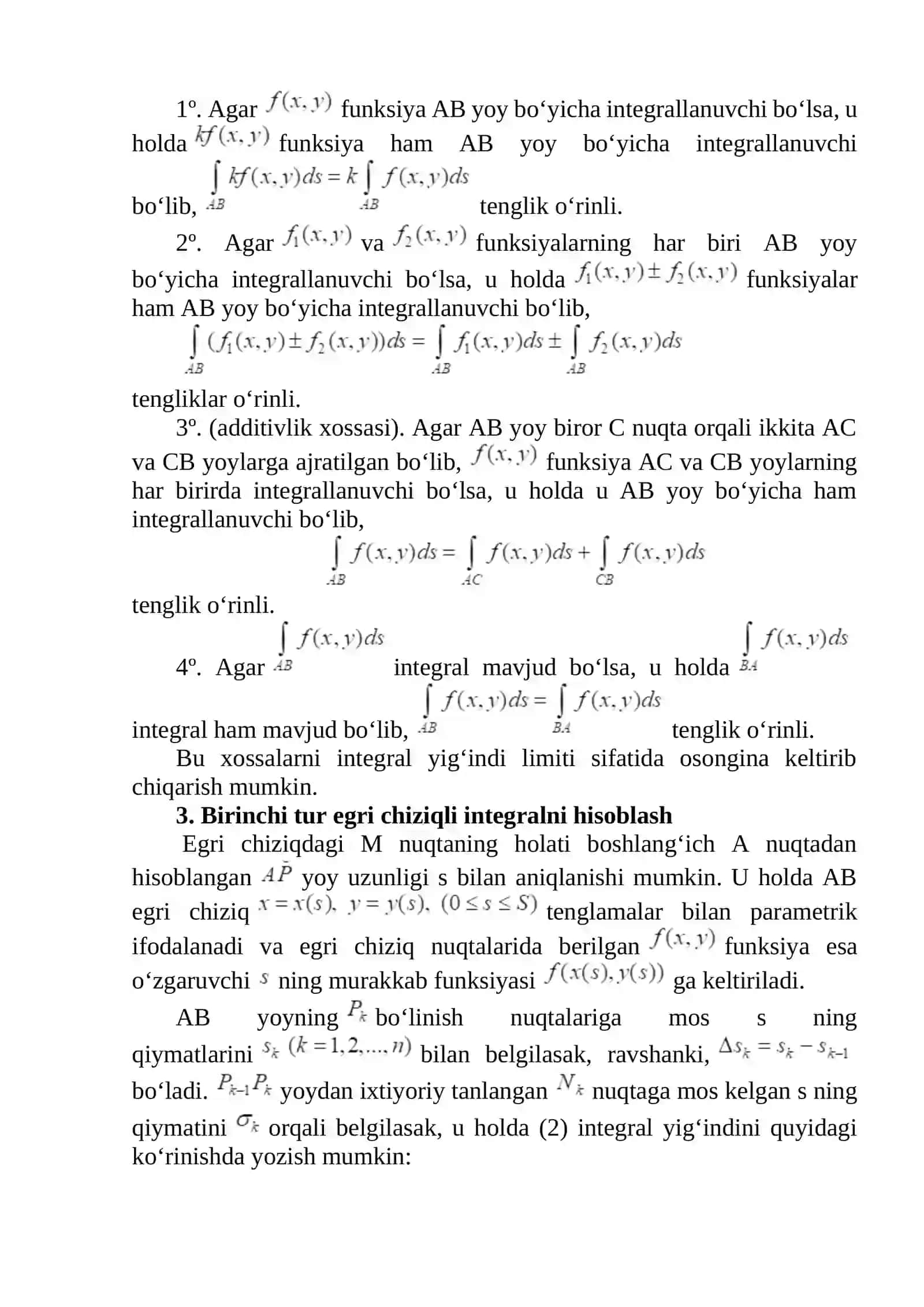 Yoy uzunligi bo'yicha egri chiziq integralning hossalari 3