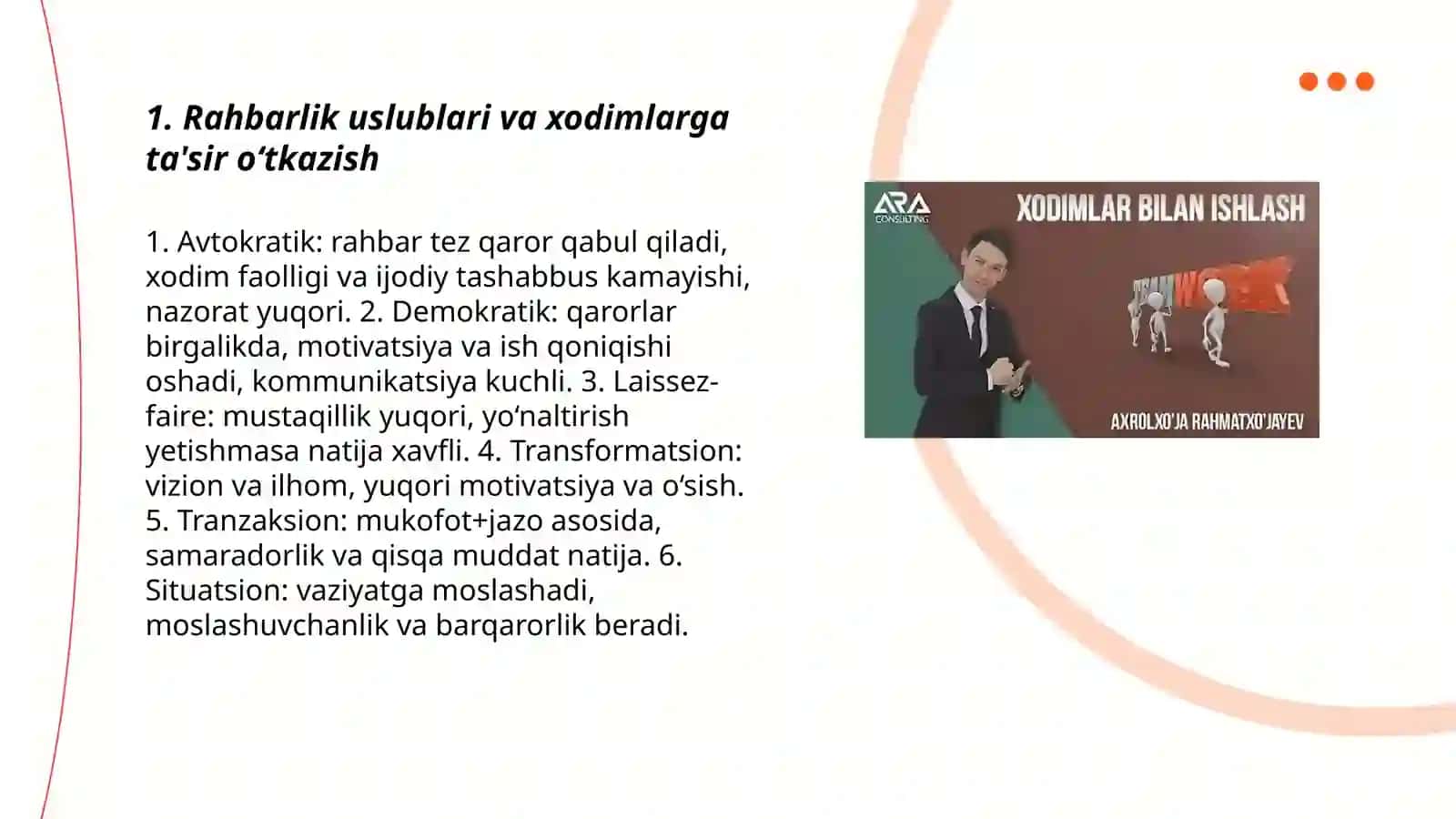 Rahbarlik uslublari va xodimlarga ta'sir o‘tkazish 3