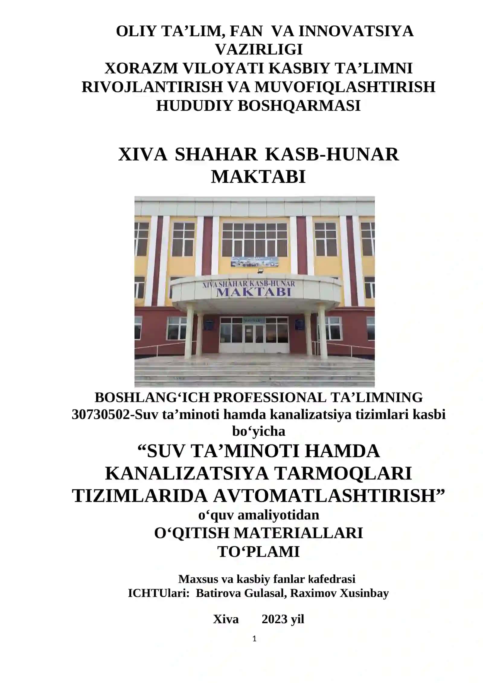 SUV TA’MINOTI HAMDA KANALIZATSIYA TARMOQLARI TIZIMLARIDA AVTOMATLASHTIRISH o‘quv amaliyoti o'qitish materiallari to'plami 3