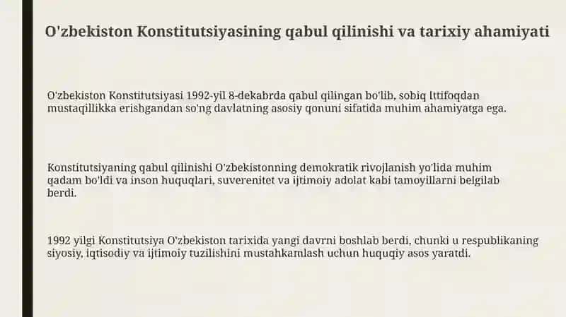 O'zbekiston Konstitutsiyasi qabul qilinishi va Tarixiy Ahamiyati 3