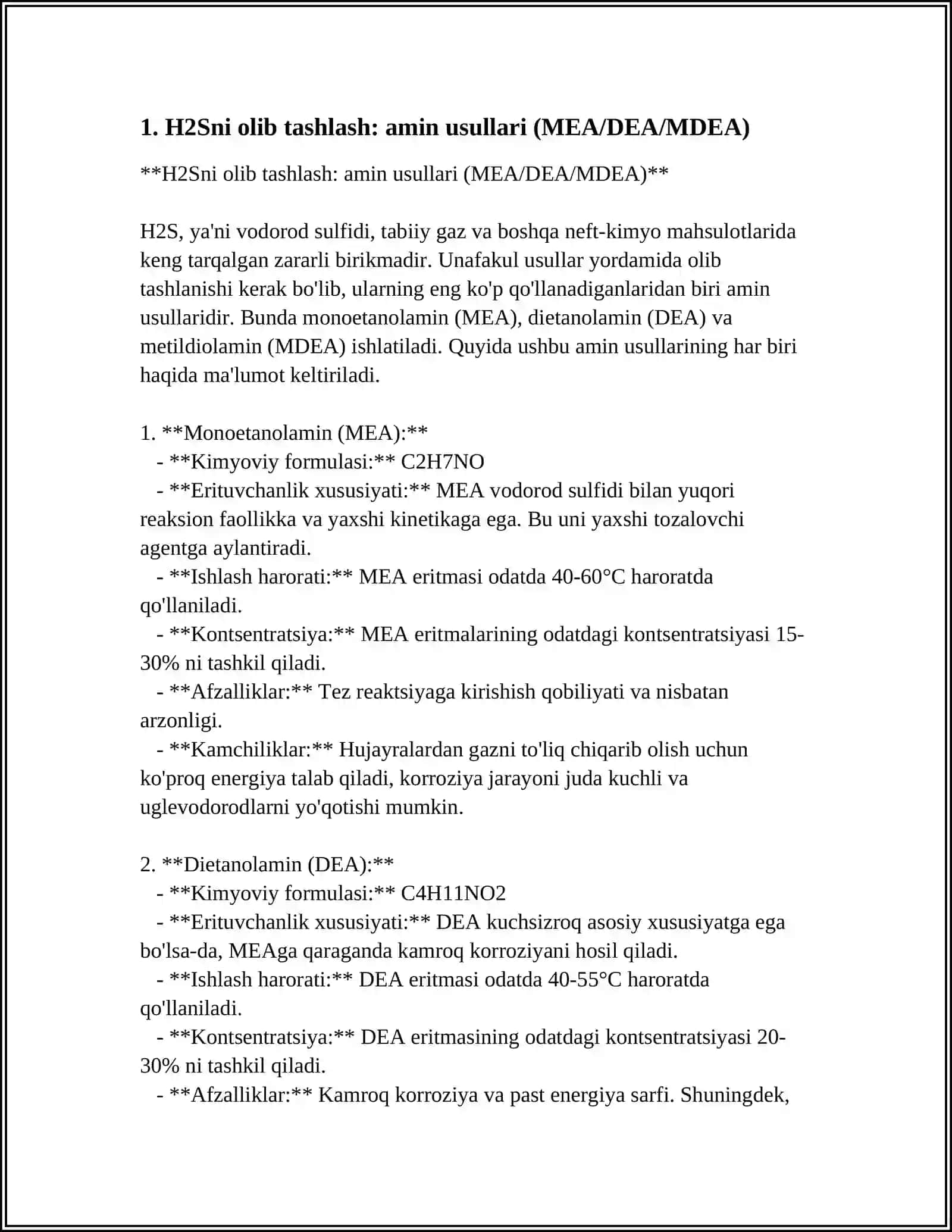 H2Sni olib tashlash: amin usullari (MEA/DEA/MDEA) 3