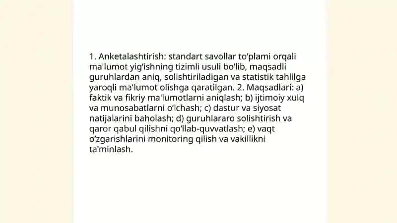 Anketalashtirish: turlari, metodi va unga qoʻyiladigan asosiy talablar 3