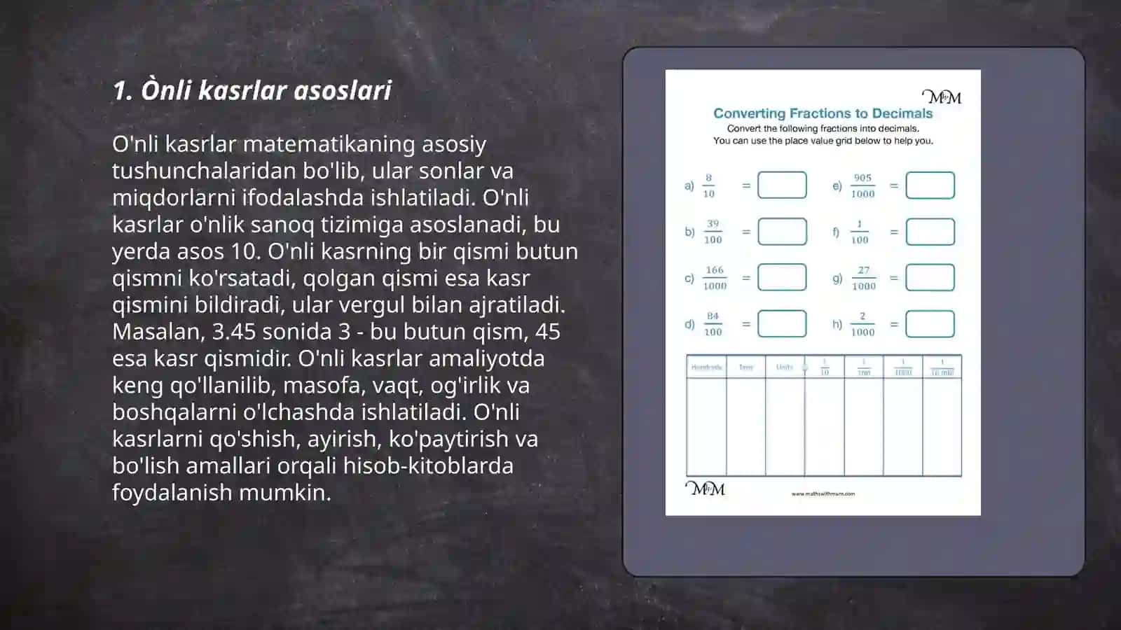 Ònli kasrlar bilan tanishtirish metodikasi 3