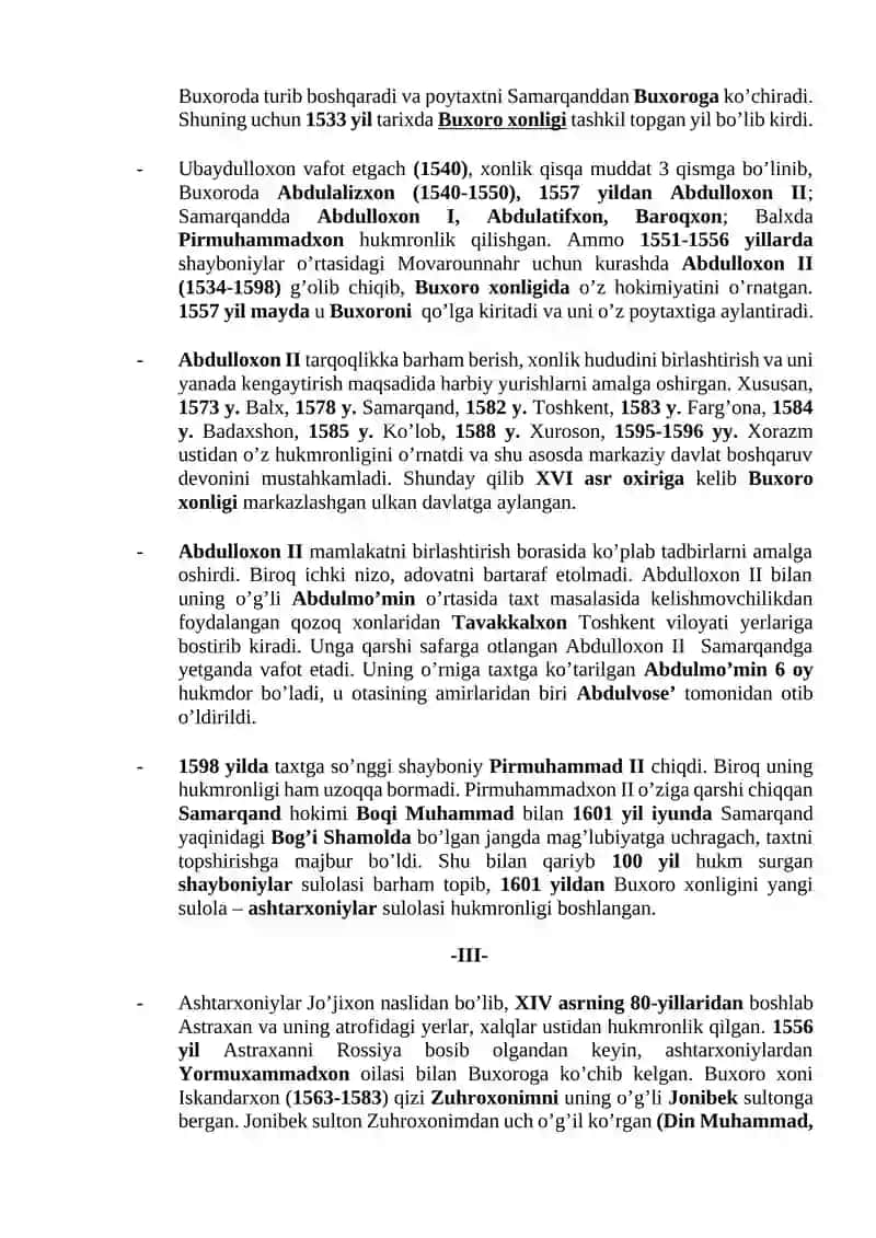 O‘rta Osiyoning xonliklarga bo‘linib ketishi, uning sabab va oqibatlari 3