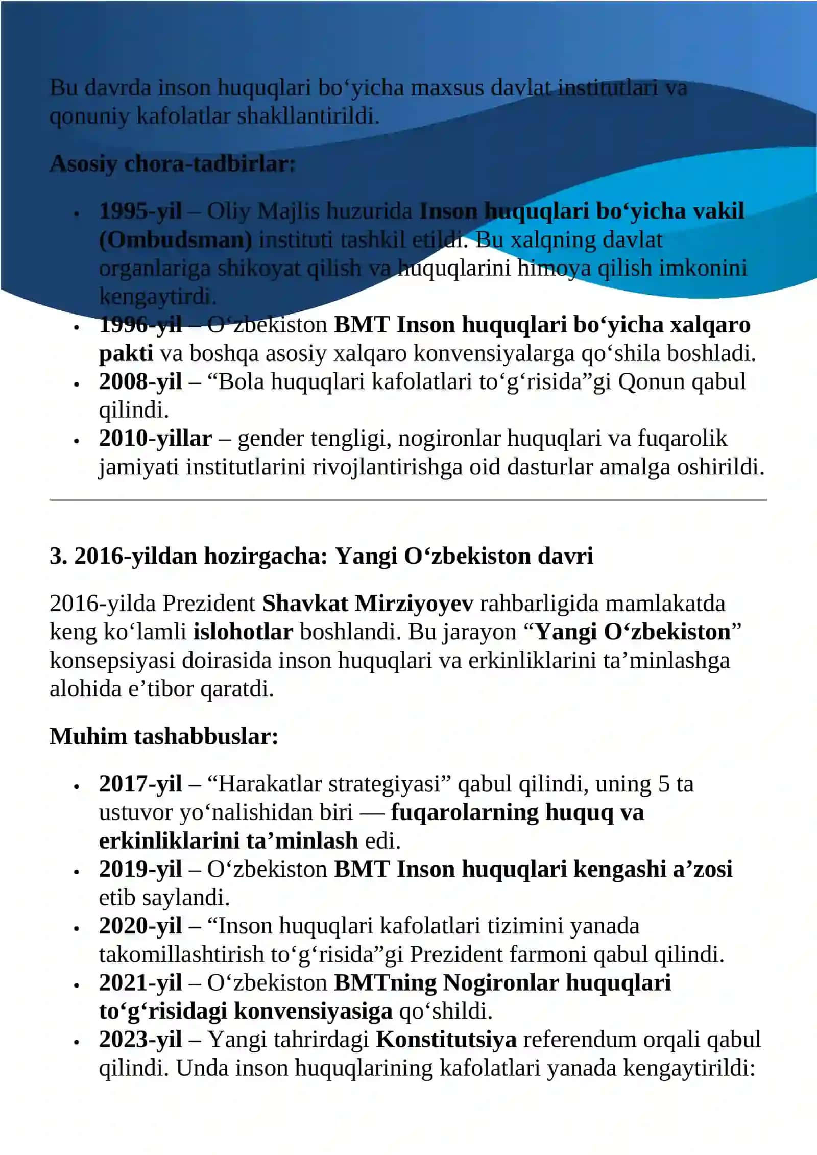 O’zbekistonning eng yangi tarixi fanidan yozgan topshirig’i 3