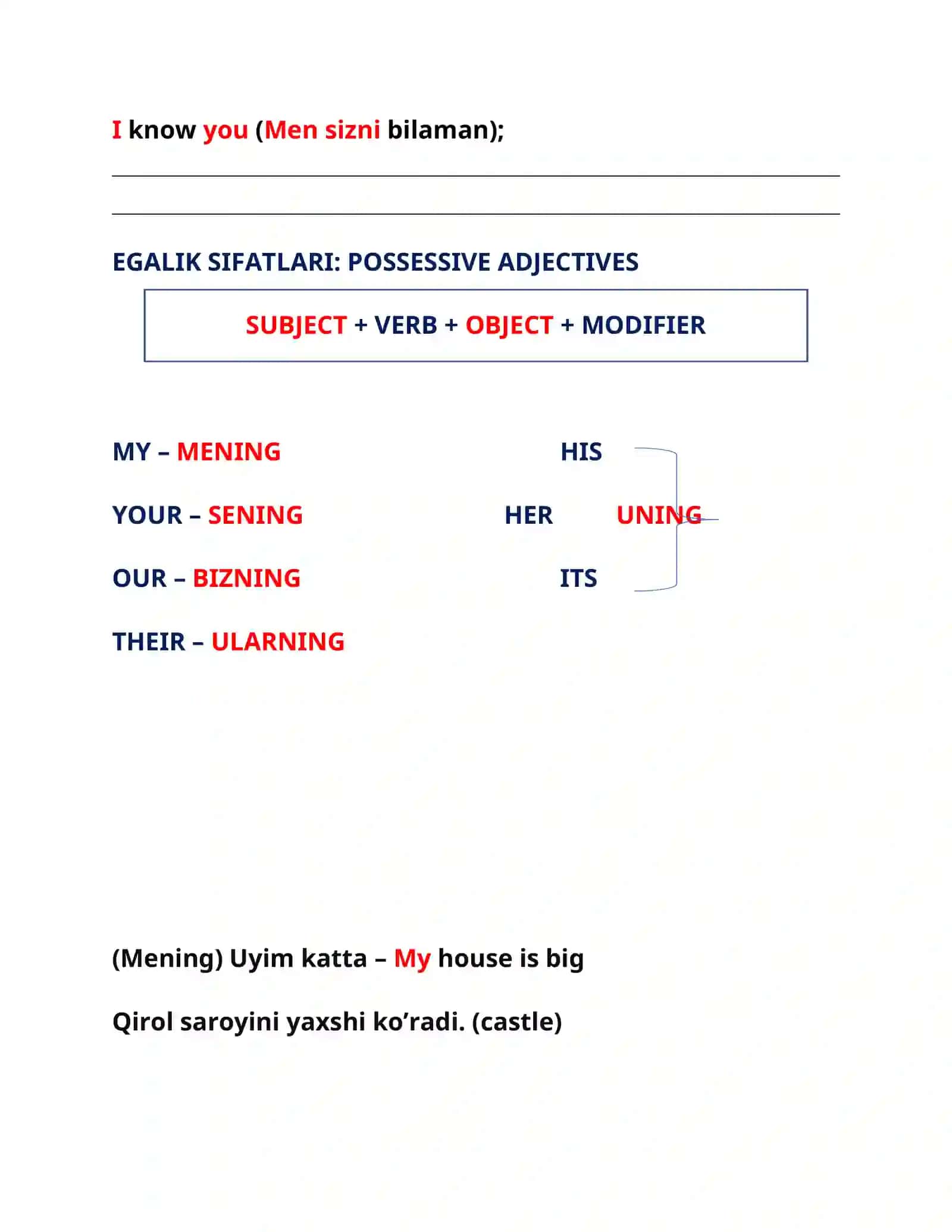OBJECT PRONOUNS (TO’LDIRUVCHI OLMOSHLAR) POSSESSIVE ADJECTIVES (EGALIK SIFATLARI) 3