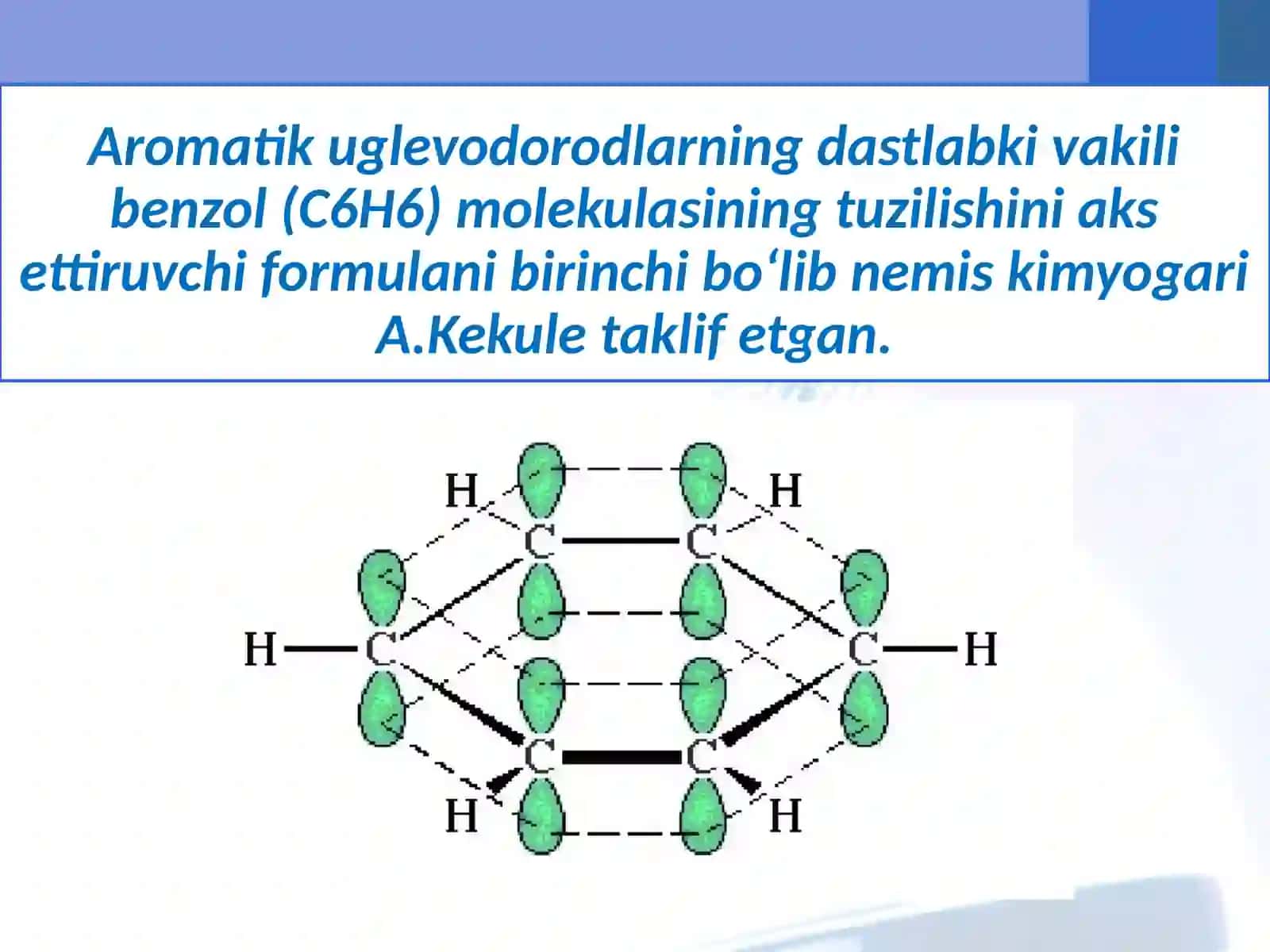 Molekulasida atomlarning o‘ziga xos bog‘lanishli siklik guruhi - benzol yadrosi 3
