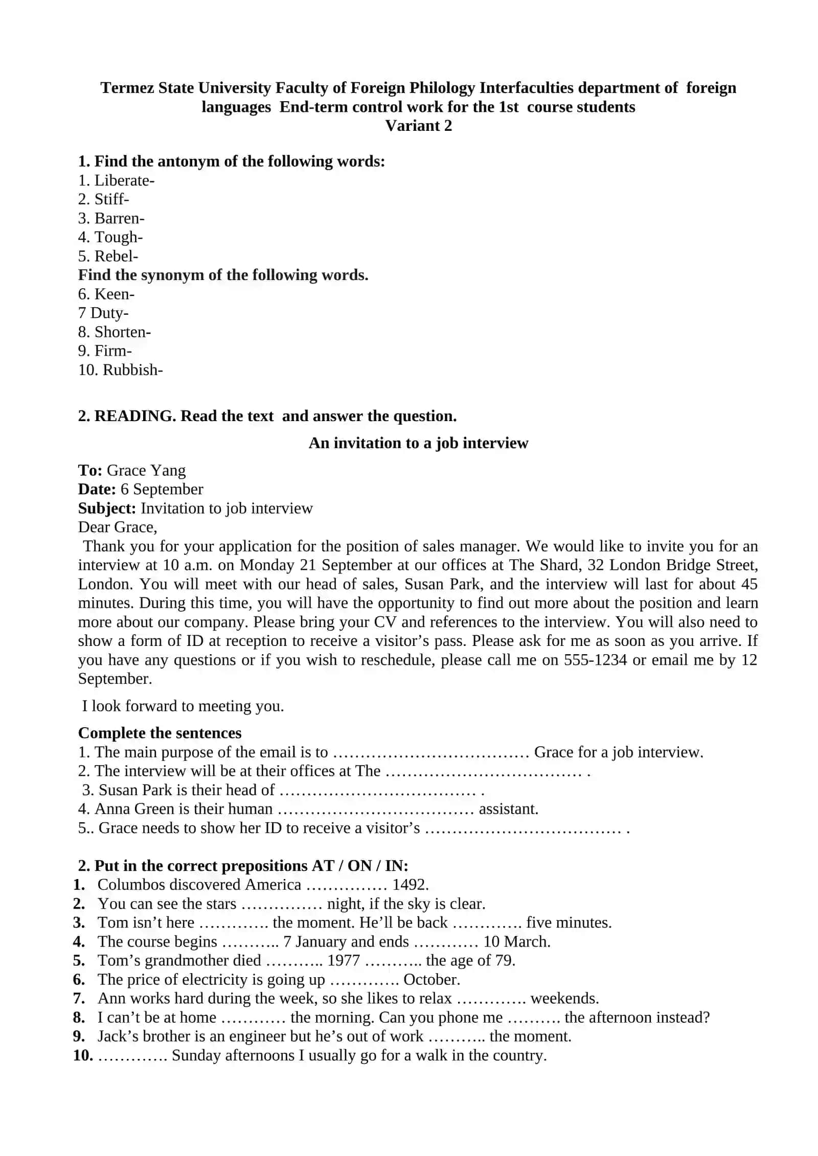 End-term control work for the 1st course students 3